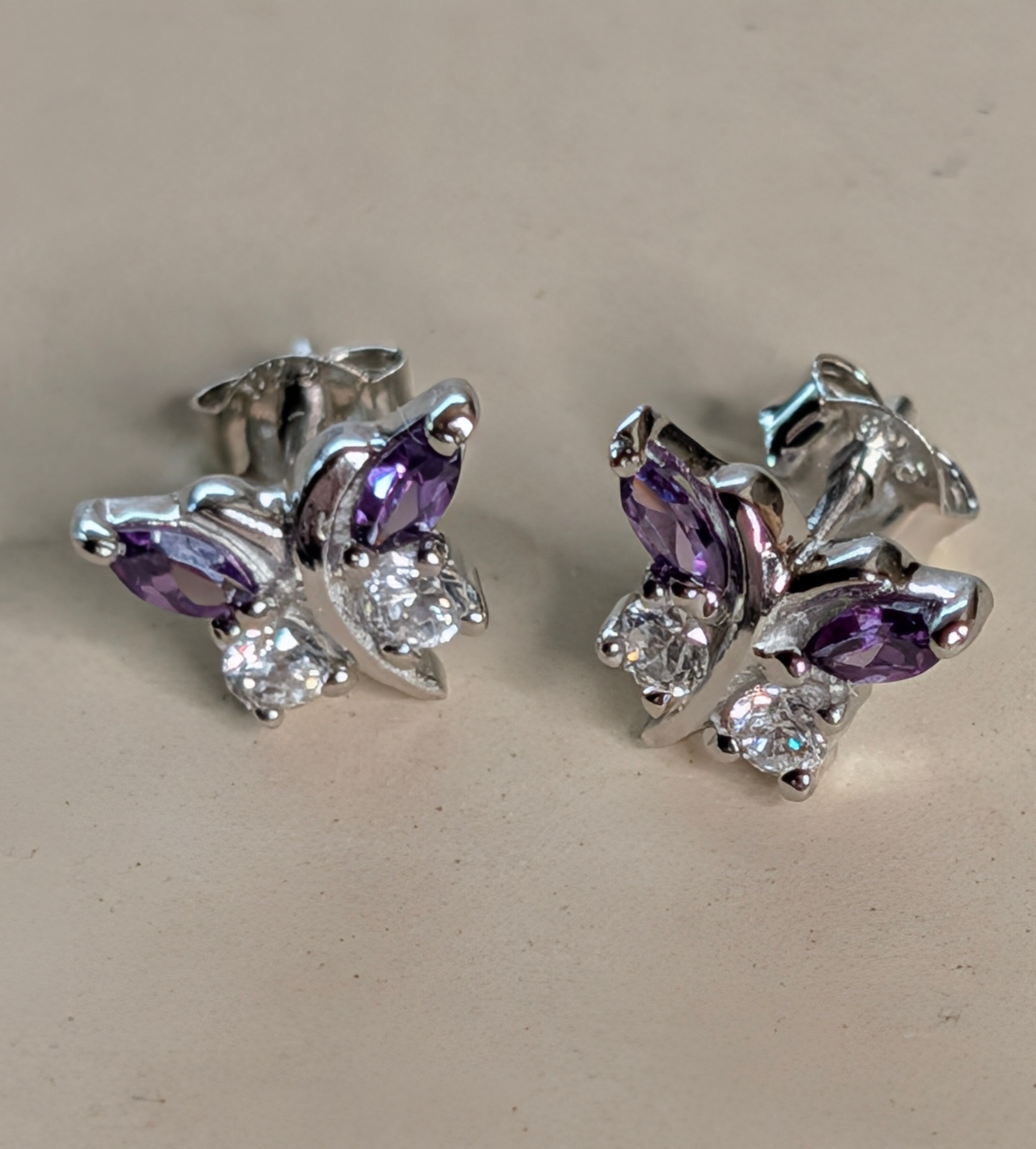 Sterling Silver CZ Purple Gemstone Butterfly Earrings & Pendant Jewelry Set