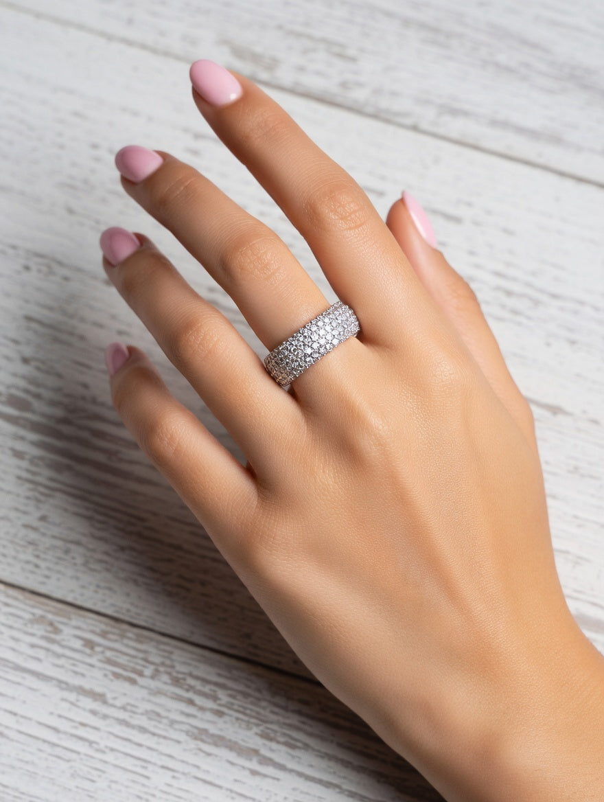 Sterling Silver CZ Fully Paved Stone Inlay Wide Band Ring Size 6