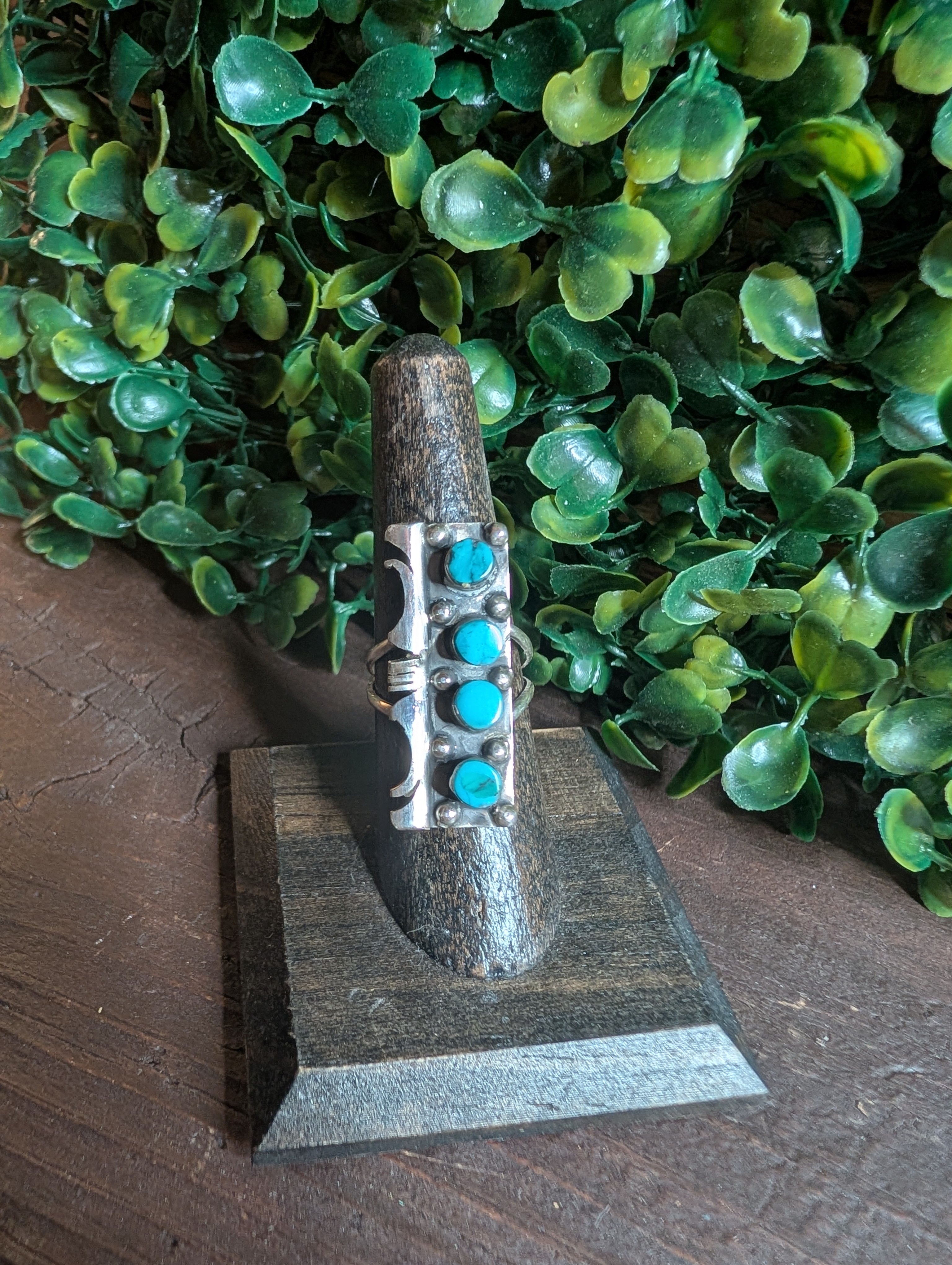 Handcrafted Kingman Turquoise Four Stone Sterling Silver Statement Ring Size 7