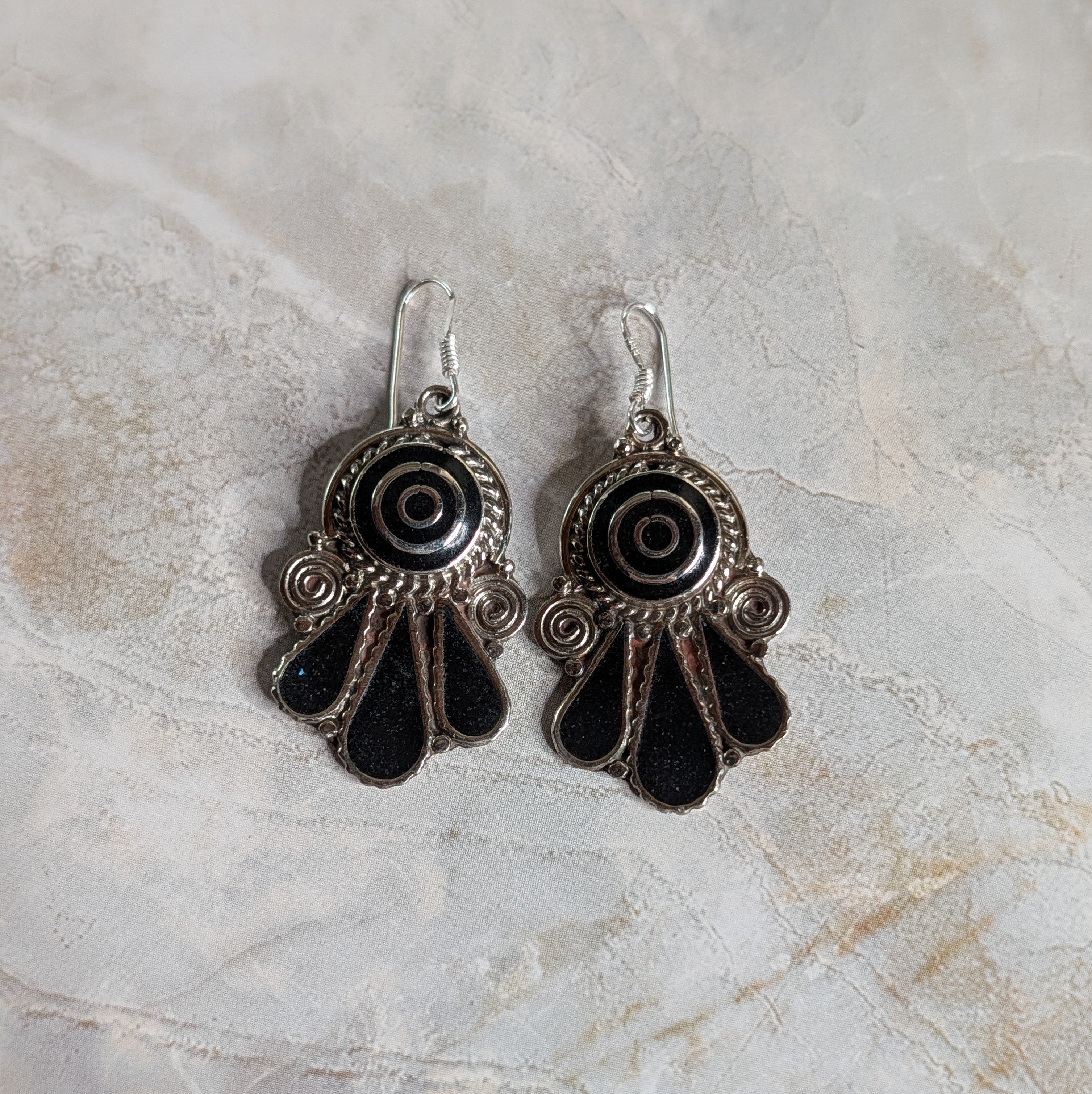Vintage Black Onyx & Silver Fan Dangle Earrings