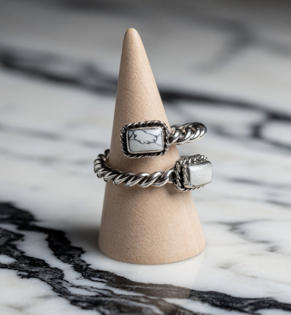White Buffalo Two Stone & Sterling Silver Adjustable Ring