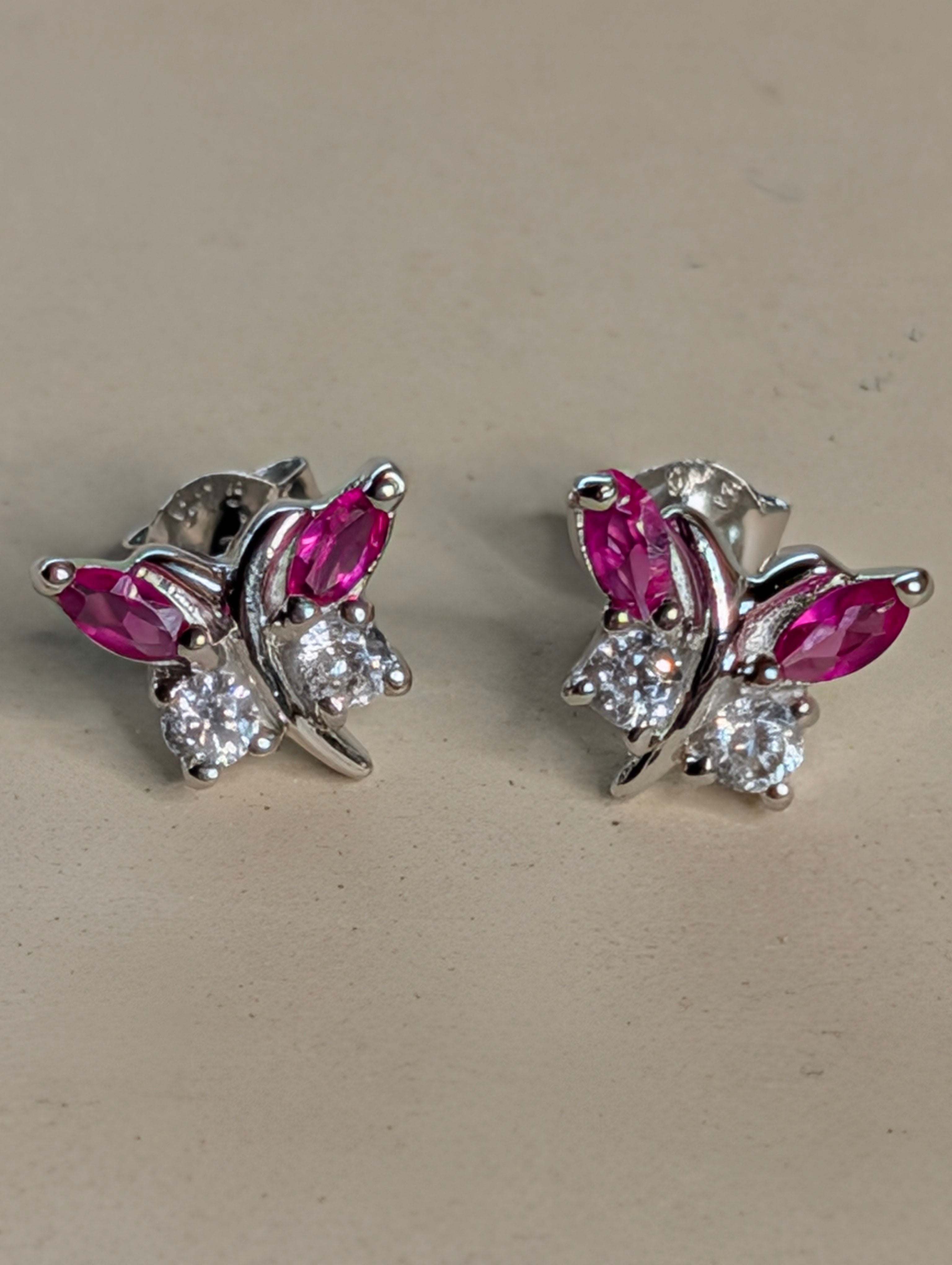 Sterling Silver CZ Hot Pink Gemstone Butterfly Earrings & Pendant Jewelry Set