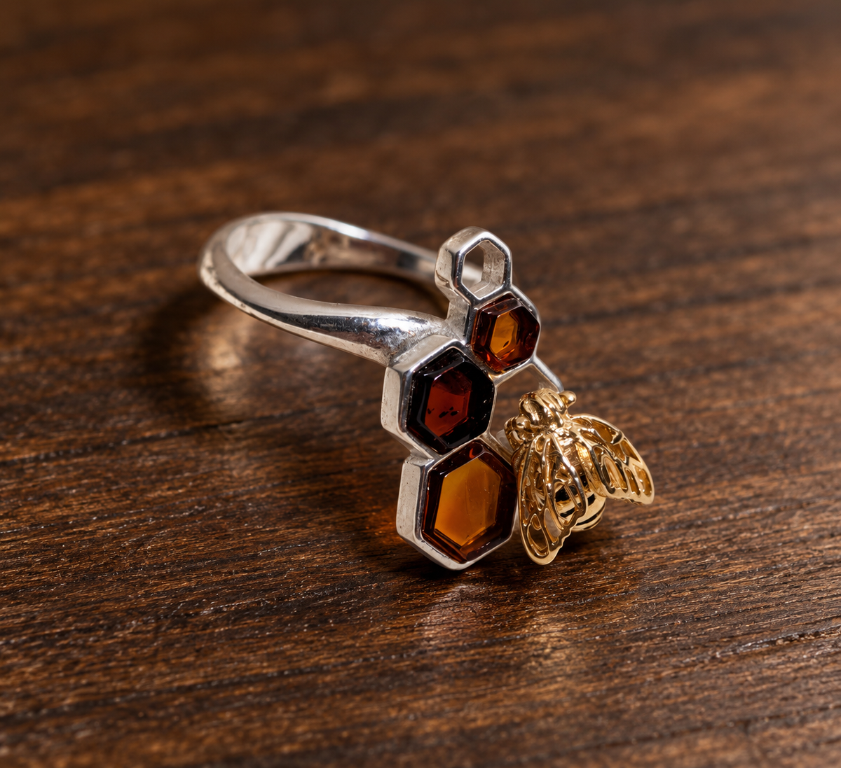 Handmade Bee Honeycomb Honey Cognac Cabochons & Sterling Silver Adjustable Ring