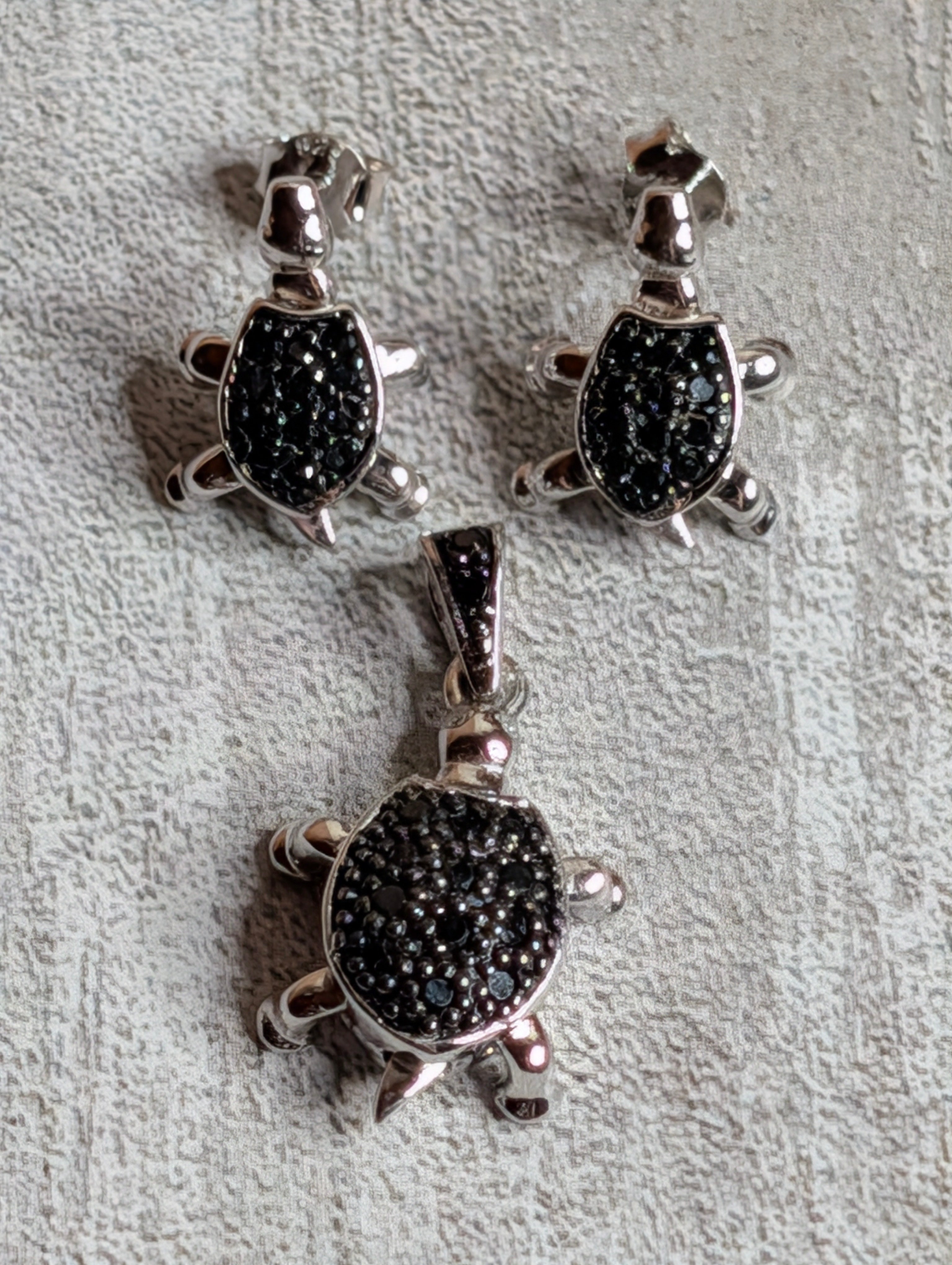 Sterling Silver Sparkling Black Stone Turtle Earrings & Pendant Jewelry Set