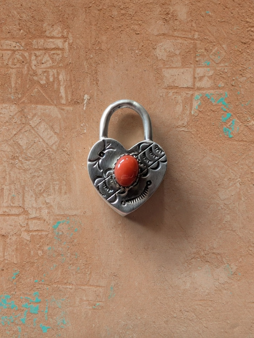 Sterling Silver Heart Padlock Pendant with Coral Stone