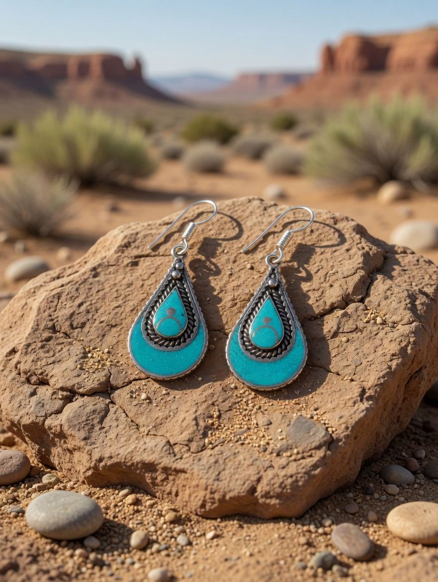 Turquoise Teardrop Vintage Silver Dangle Earrings