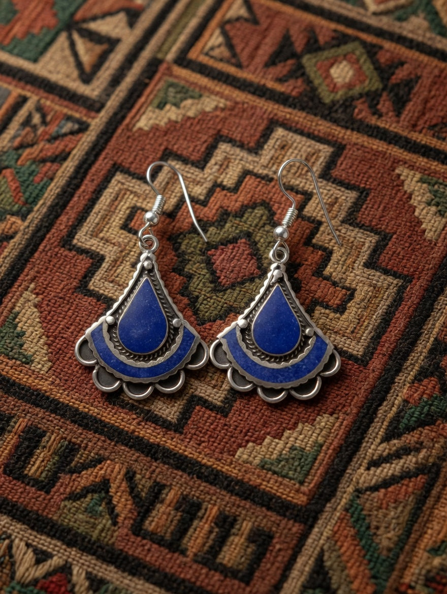 Southwestern Blue Lapis Fan Shaped Dangle Earrings