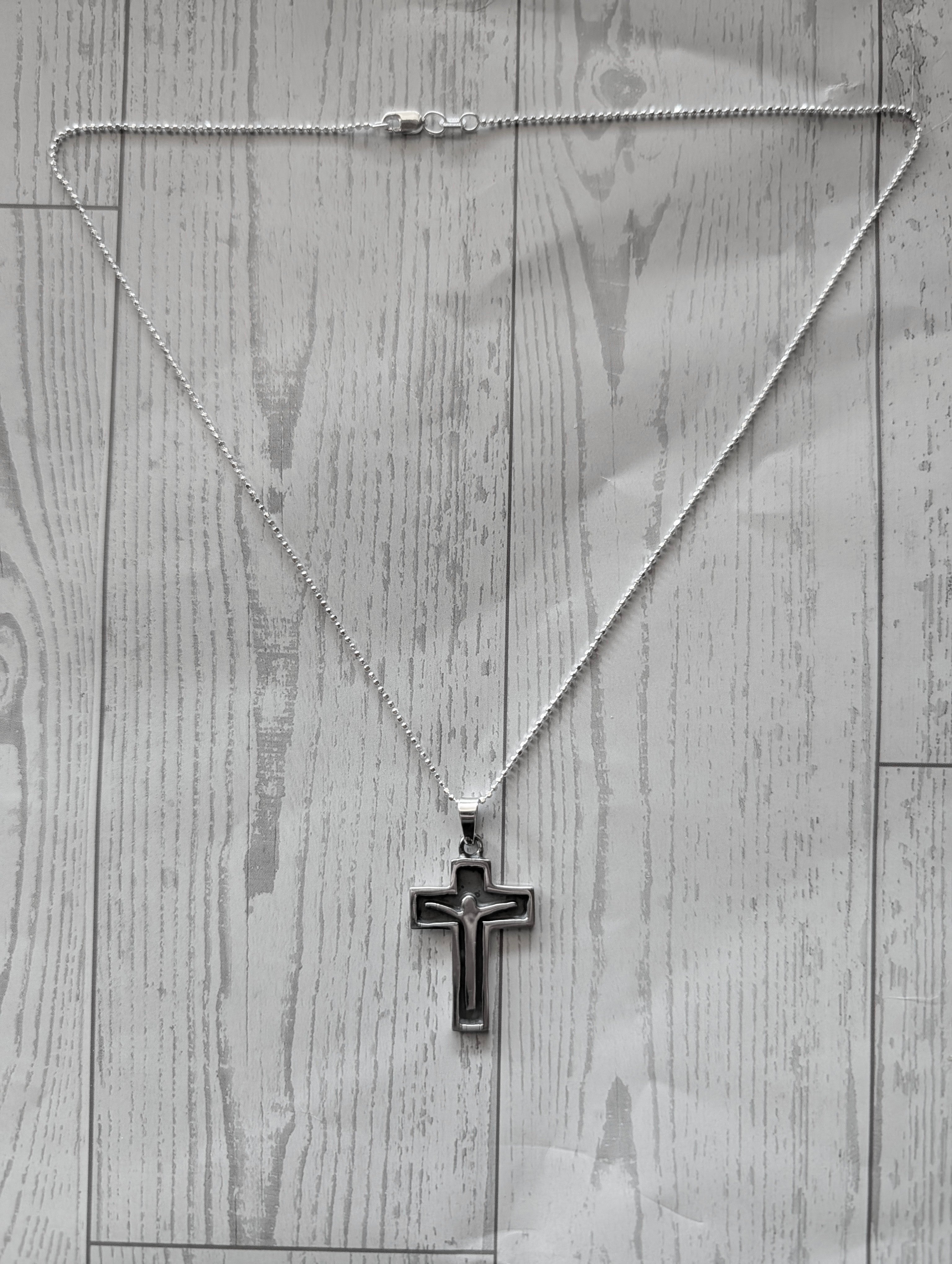 Sterling Silver Christian Crucifix Cross Oxidized Silhouette Pendant Necklace