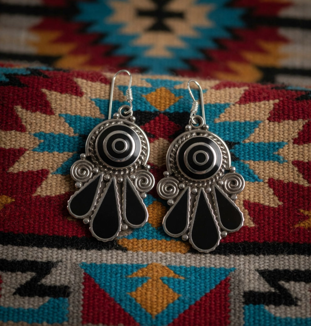 Vintage Black Onyx & Silver Fan Dangle Earrings