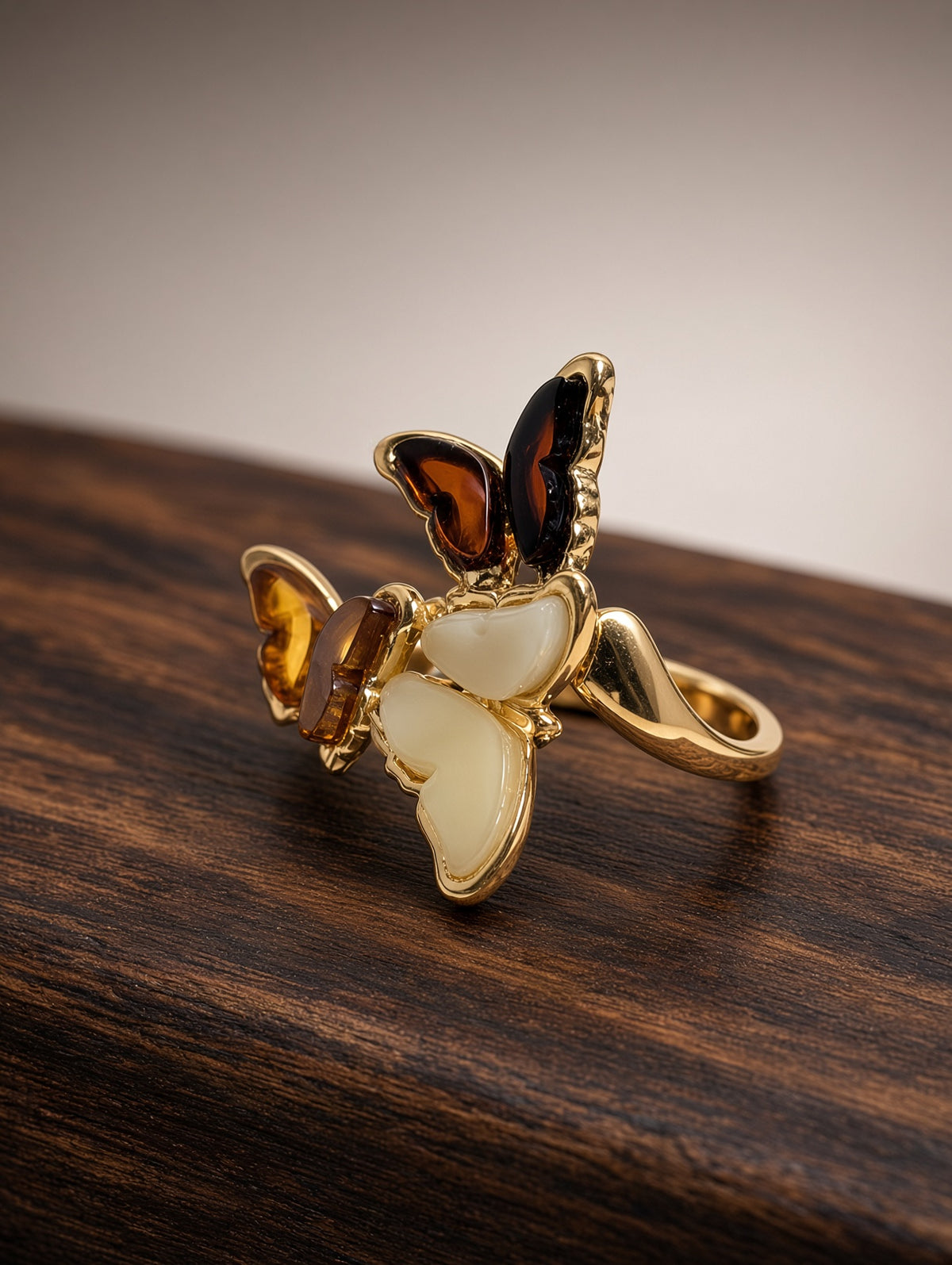 Handmade Butterfly Honey Cognac Cabochons & 14k Gold Adjustable Ring