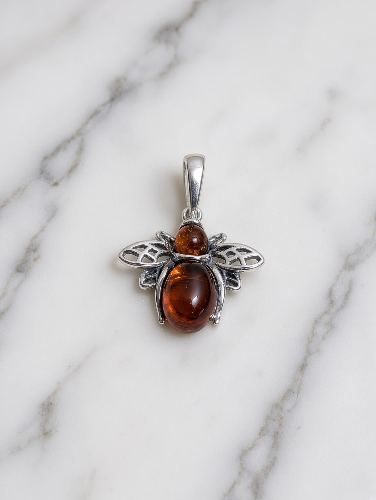 Handmade Bee Red Honey Cognac Cabochon & Sterling Silver Pendant