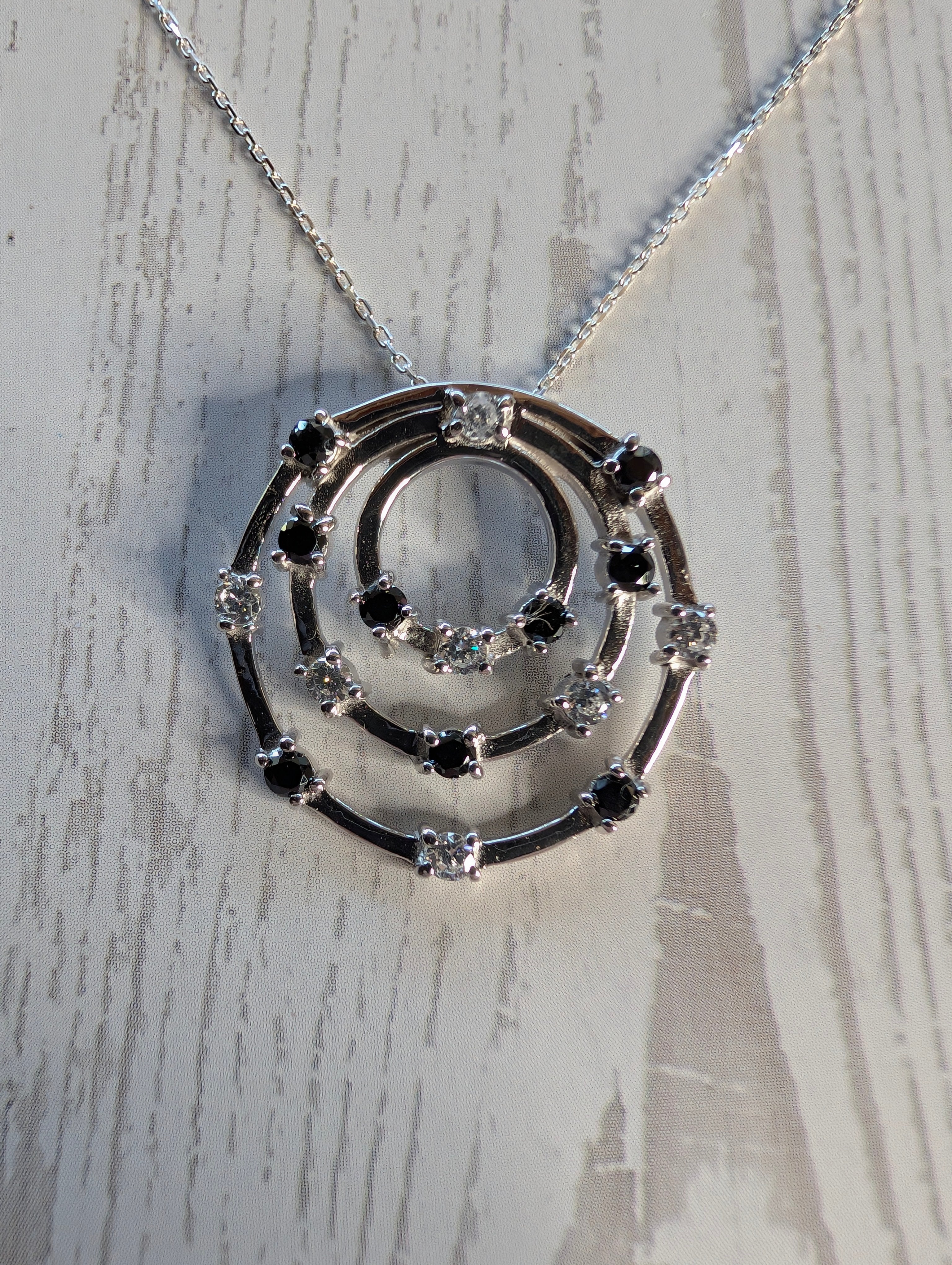 Sterling Silver Black CZ Three Circle Pendant Necklace