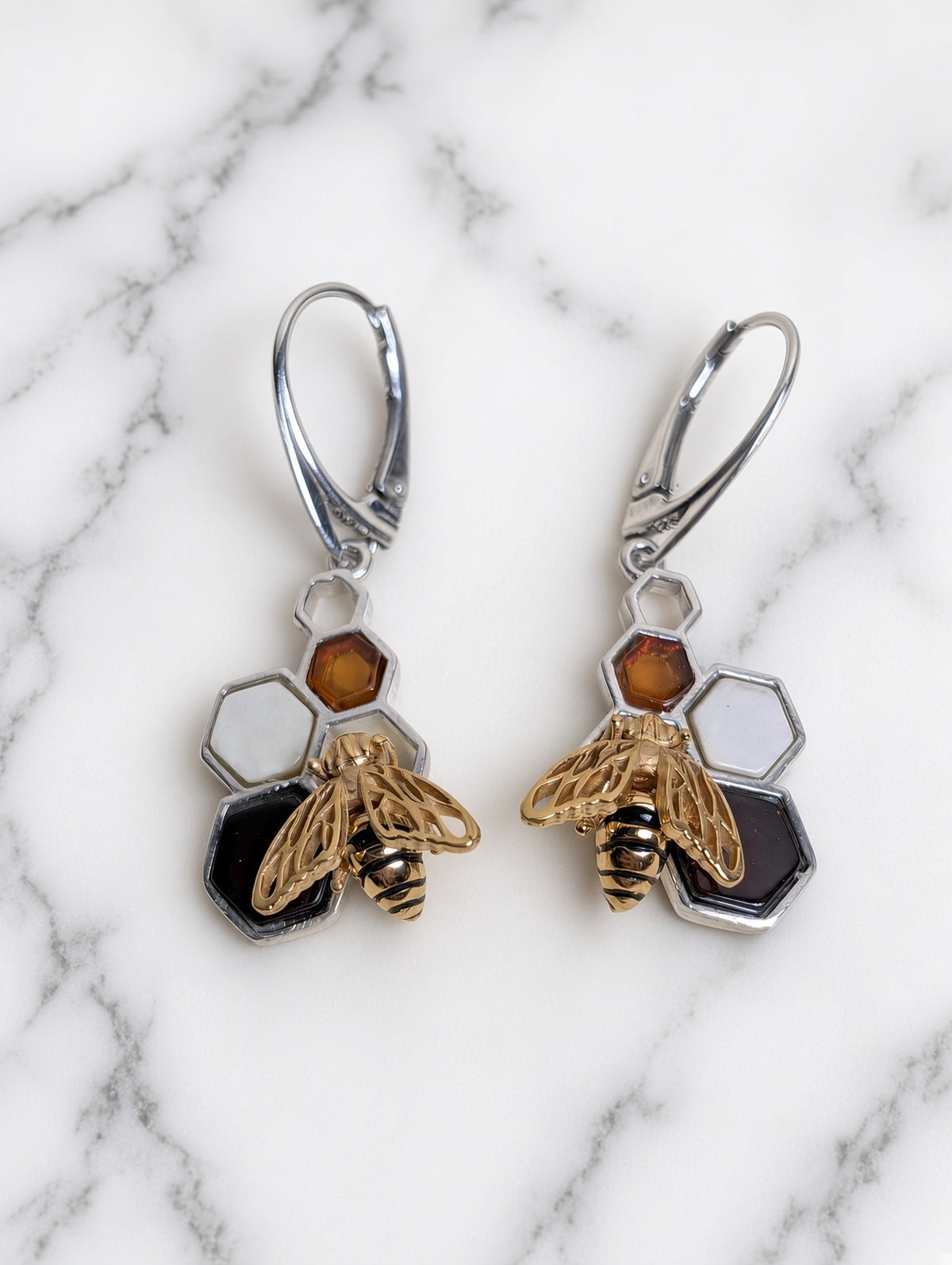 Handmade Bee Honeycomb Honey Cognac Cabochons & Sterling Silver Leverback Earrings