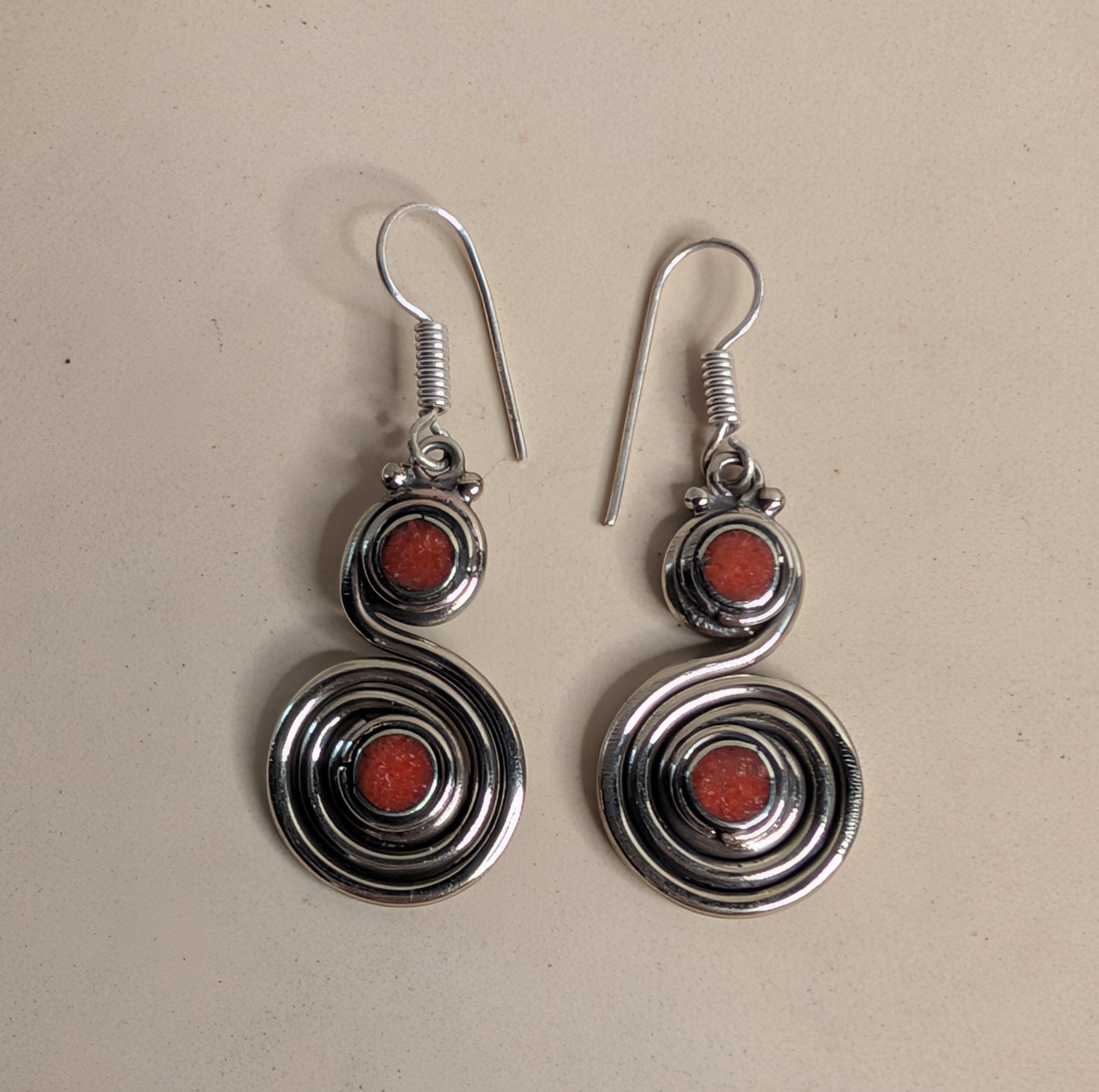Coral & Silver Spiral Dangle Earrings