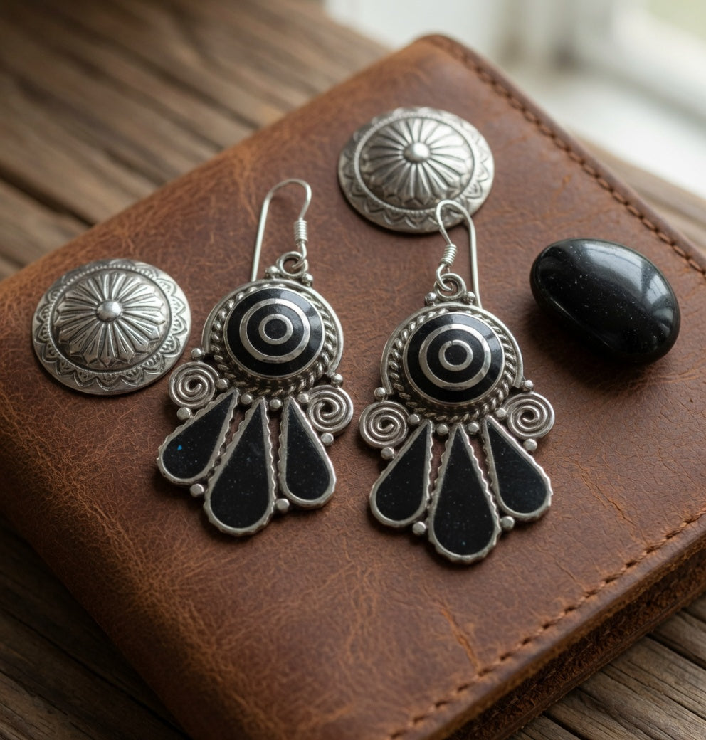 Vintage Black Onyx & Silver Fan Dangle Earrings