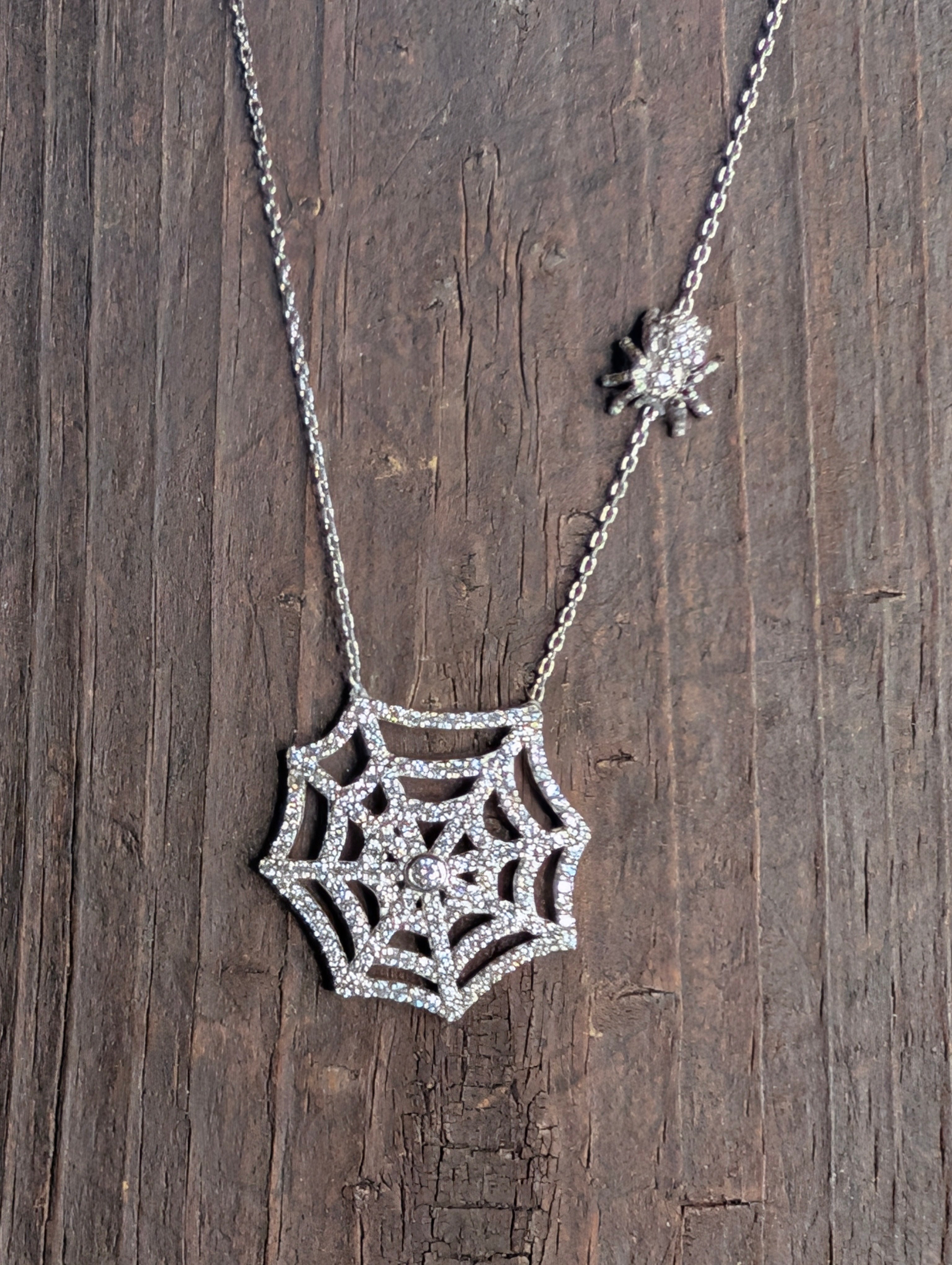 Sterling Silver CZ Spider Web Halloween Necklace