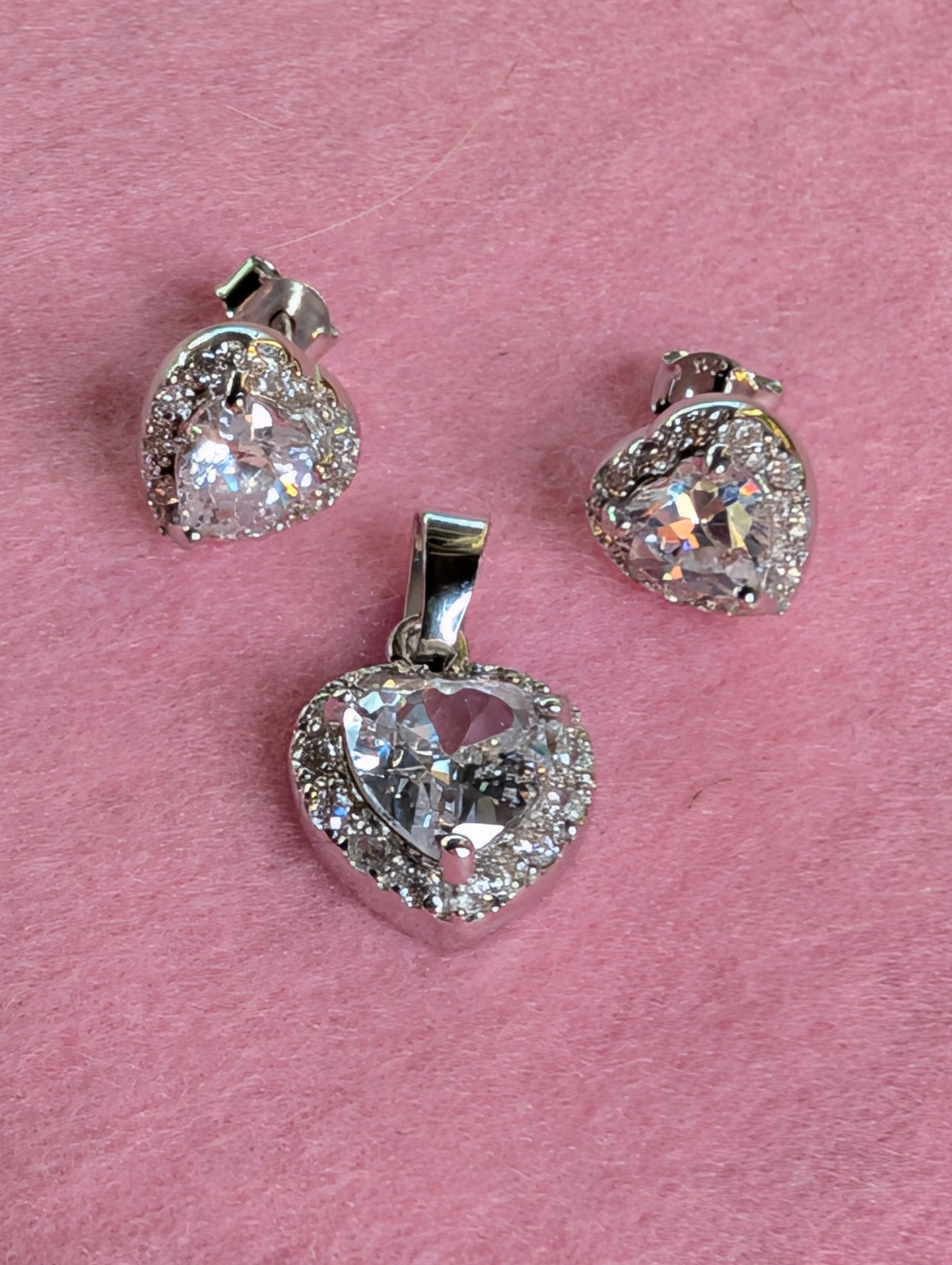 Sterling Silver Carved CZ Heart Earrings & Pendant Jewelry Set