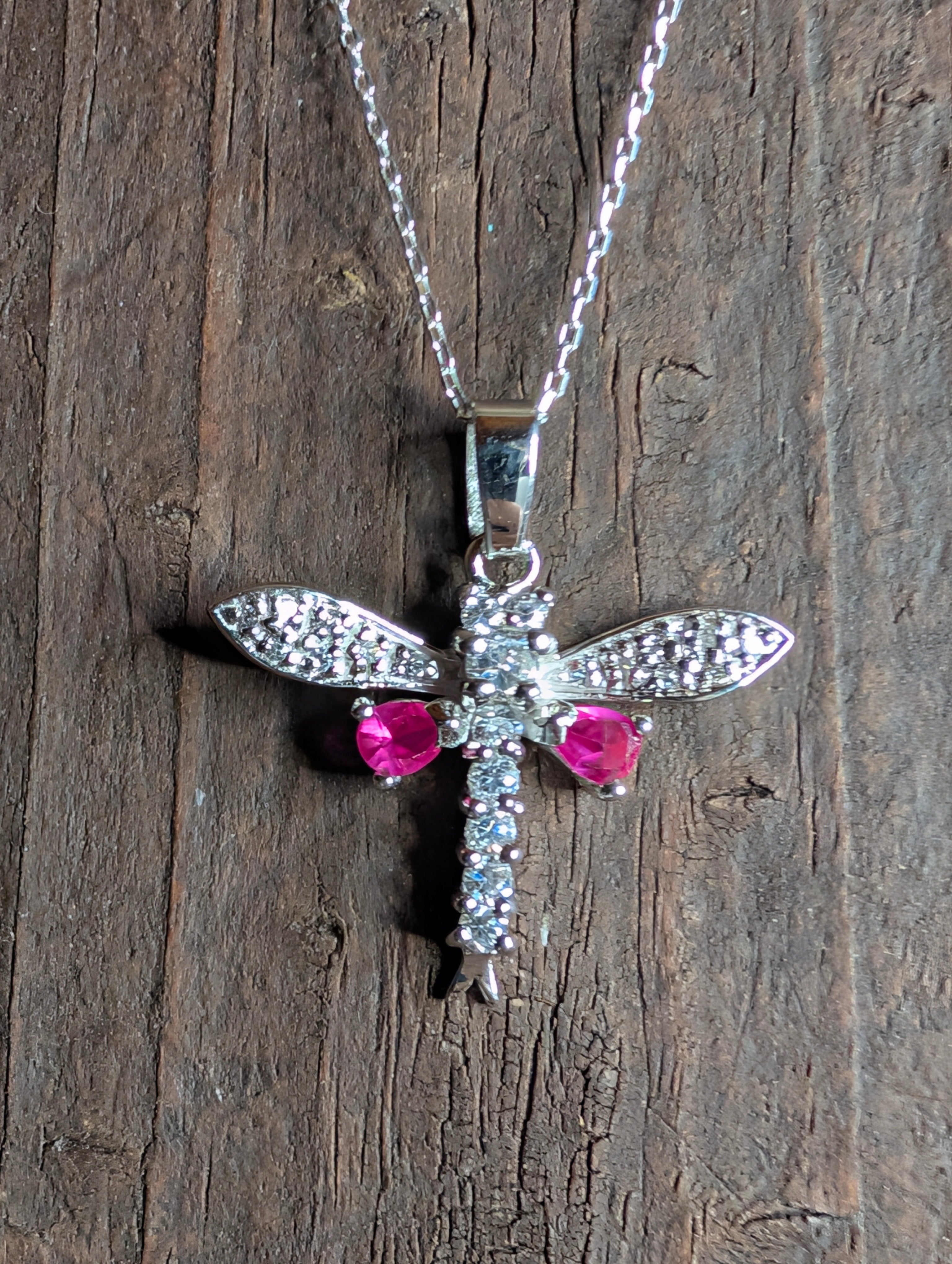 Sterling Silver Pink Gemstone CZ DragonFly Pendant Necklace