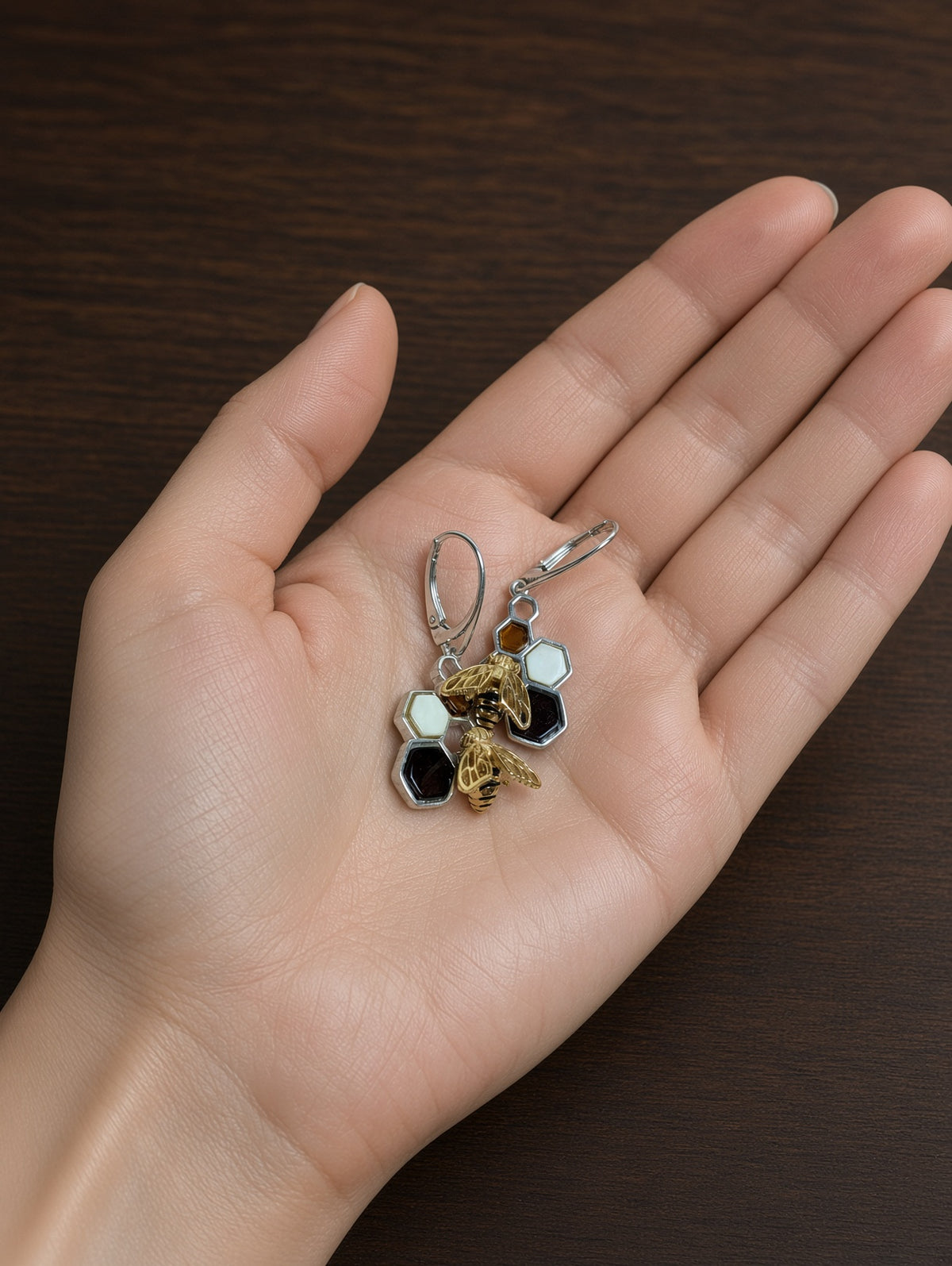Handmade Bee Honeycomb Honey Cognac Cabochons & Sterling Silver Leverback Earrings