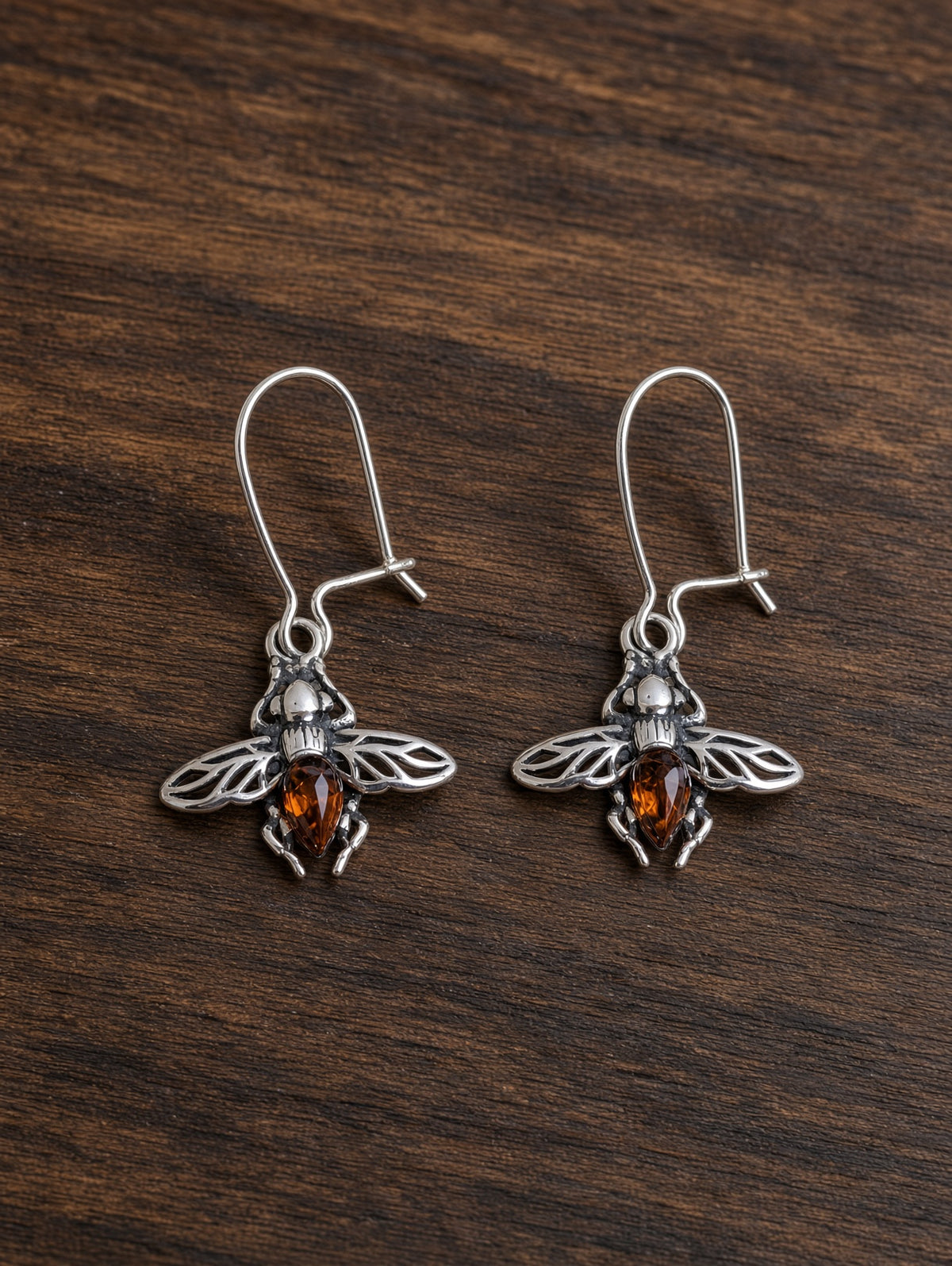 Handmade Bee Earrings with Orange Inlay & Honey Cognac Cabochons In Sterling Silver