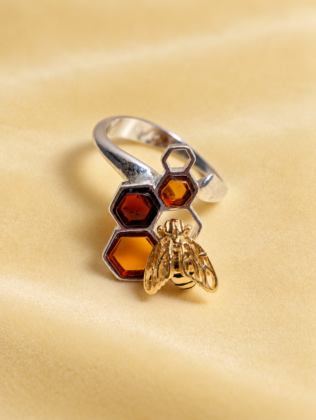 Handmade Bee Honeycomb Honey Cognac Cabochons & Sterling Silver Adjustable Ring