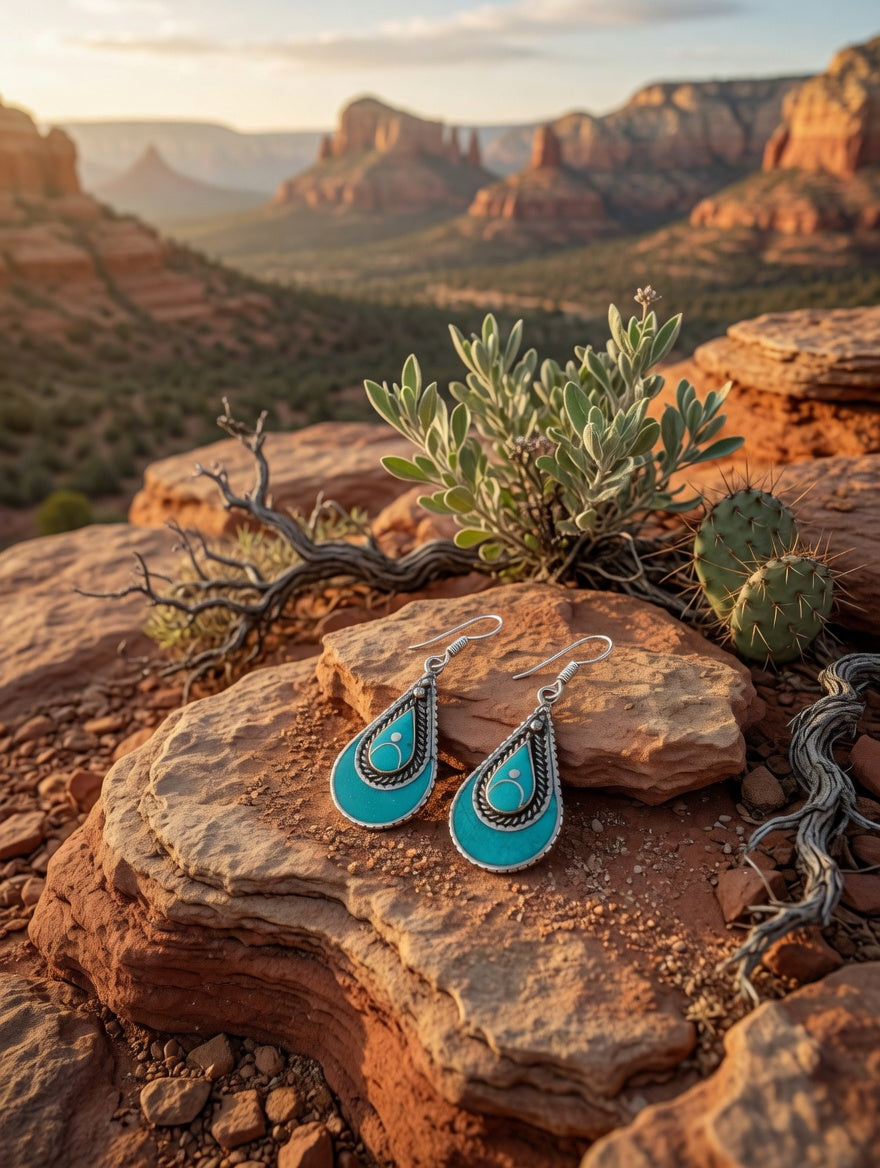 Turquoise Teardrop Vintage Silver Dangle Earrings