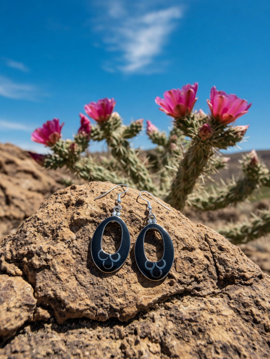 Southwestern Black Onyx Oval Dangle Earrings