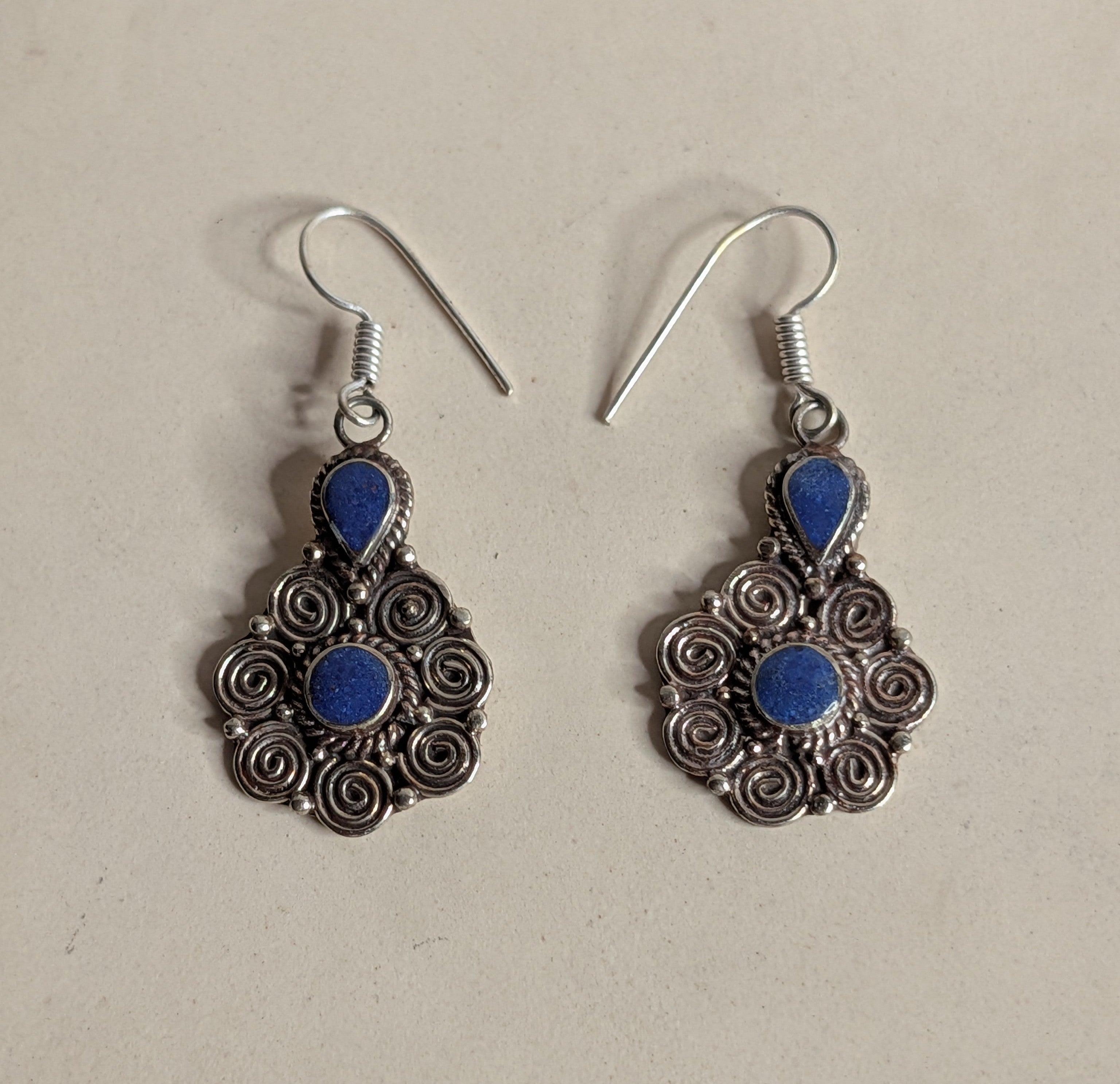 Blue Lapis Two-Stone Filigree Dangle Earrings