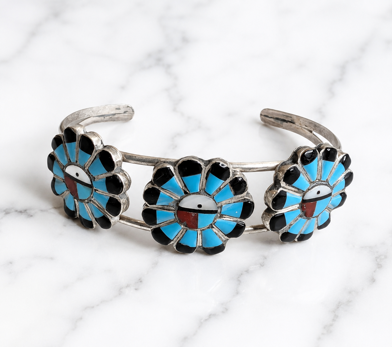 Handcrafted MultiStone Sunface Sterling Silver Cuff Bracelet With Blue Accents
