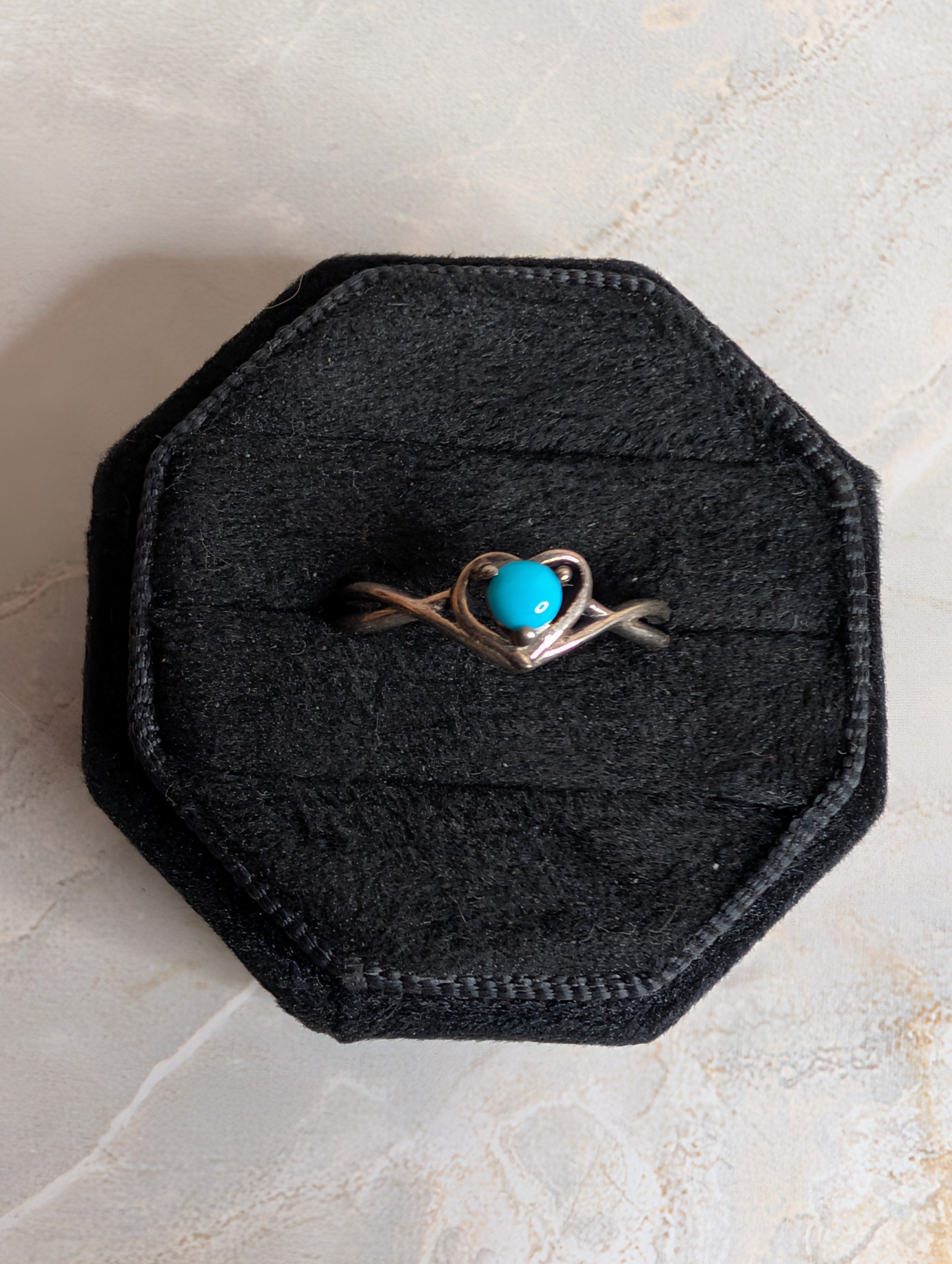 Kingman Turquoise Heart Shaped Double Strand Sterling Silver Ring Size 8