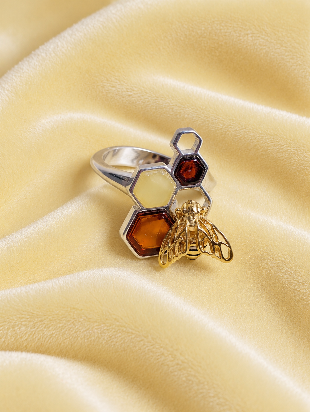 Handmade Bee Honeycomb Honey Cognac Cabochons & Sterling Silver Adjustable Ring