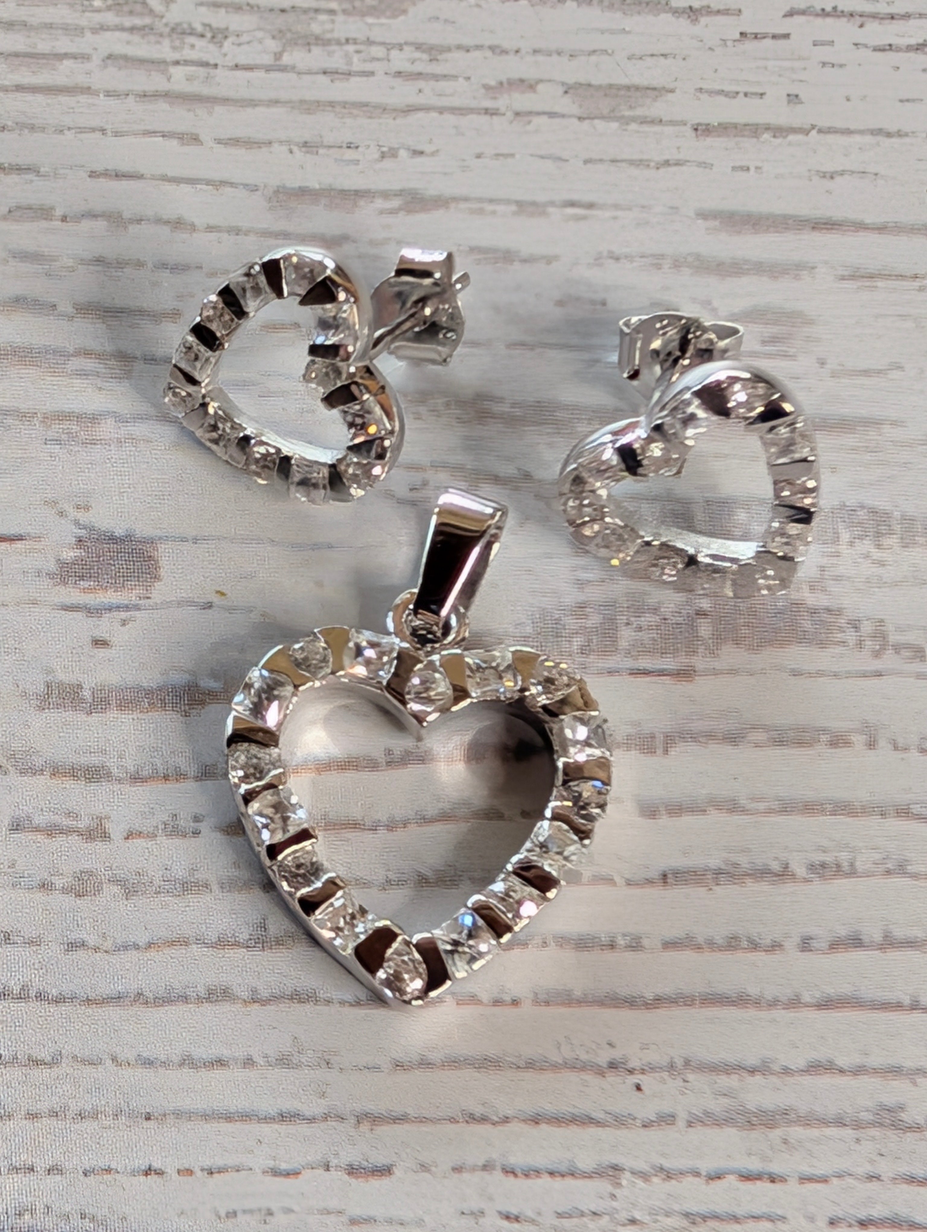 Sterling Silver CZ Heart Pendant & Stud Earrings Jewelry Set