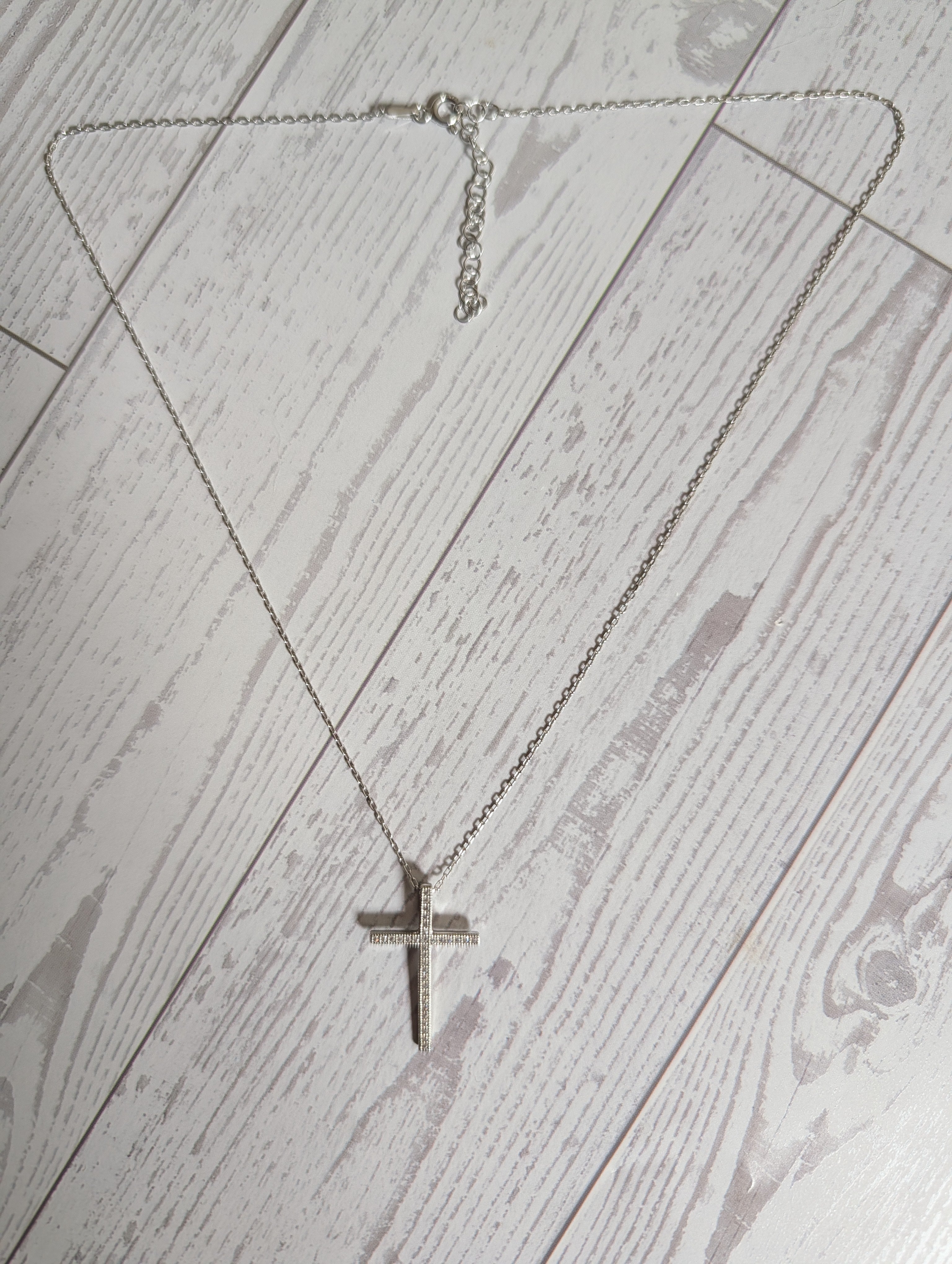 CZ Cross Simplistic Medium Sized Pendant On Sterling Silver Necklace