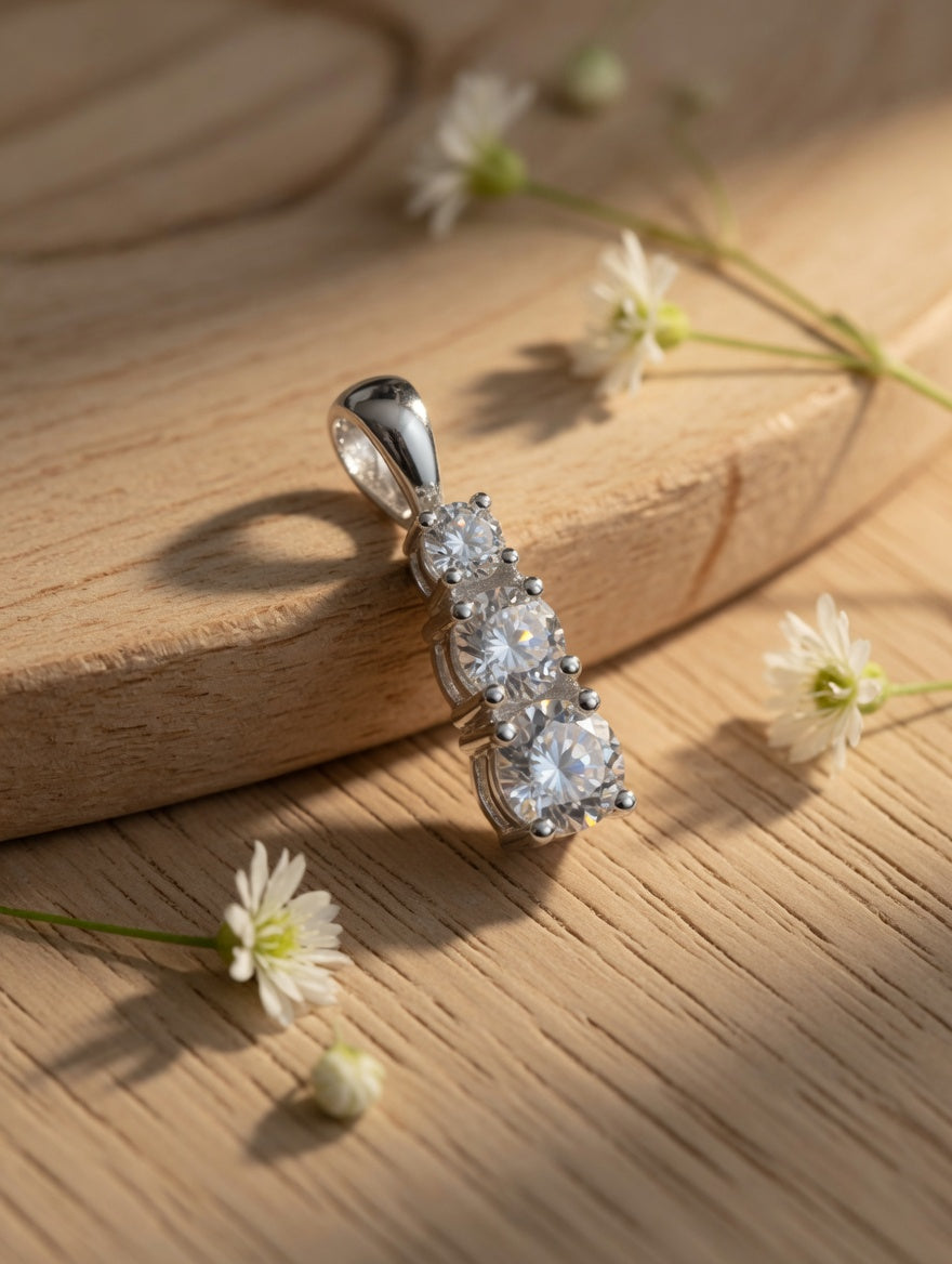 Sterling Silver CZ Three Stone Vertical Pendant