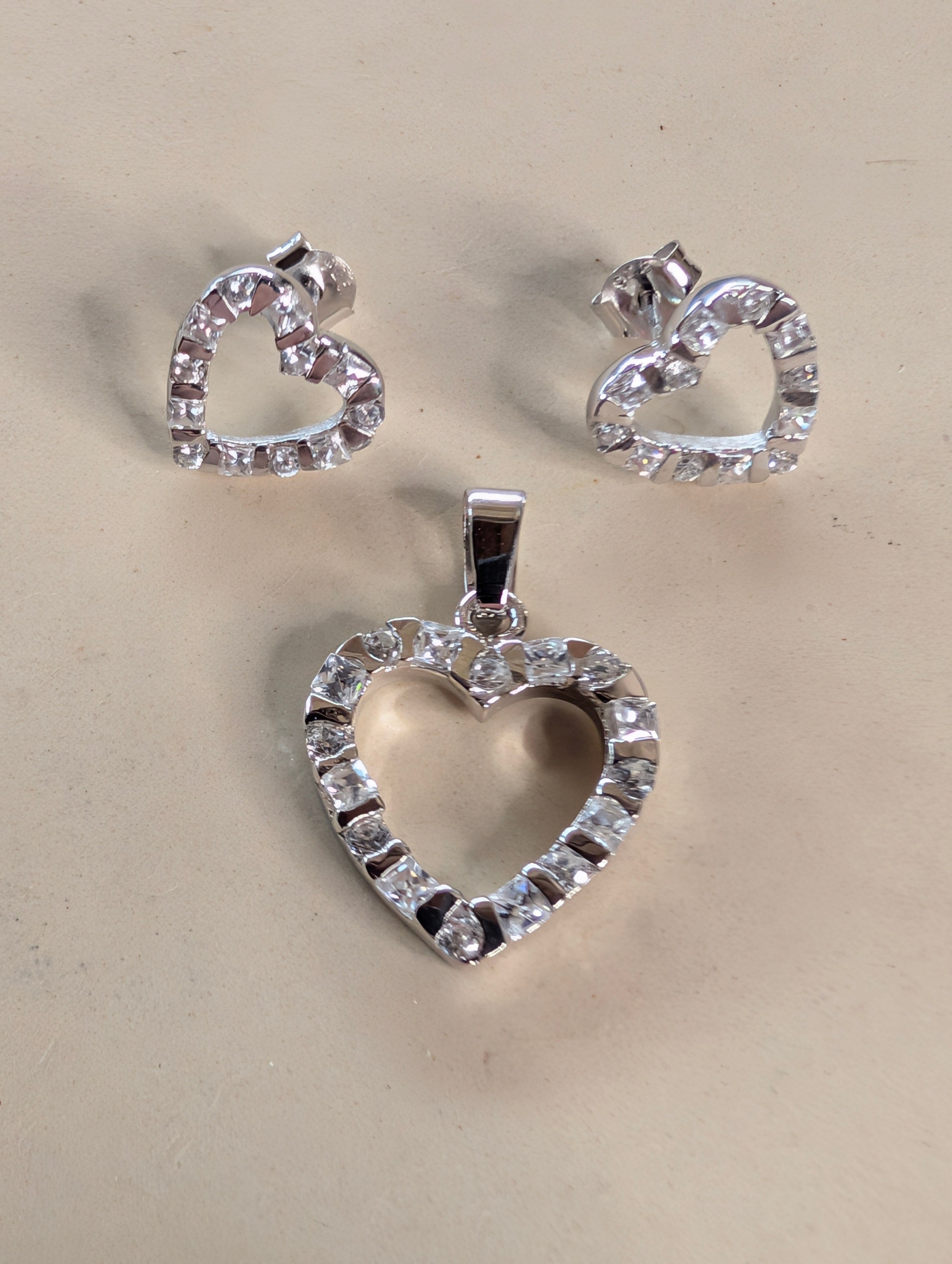 Sterling Silver CZ Heart Pendant & Stud Earrings Jewelry Set
