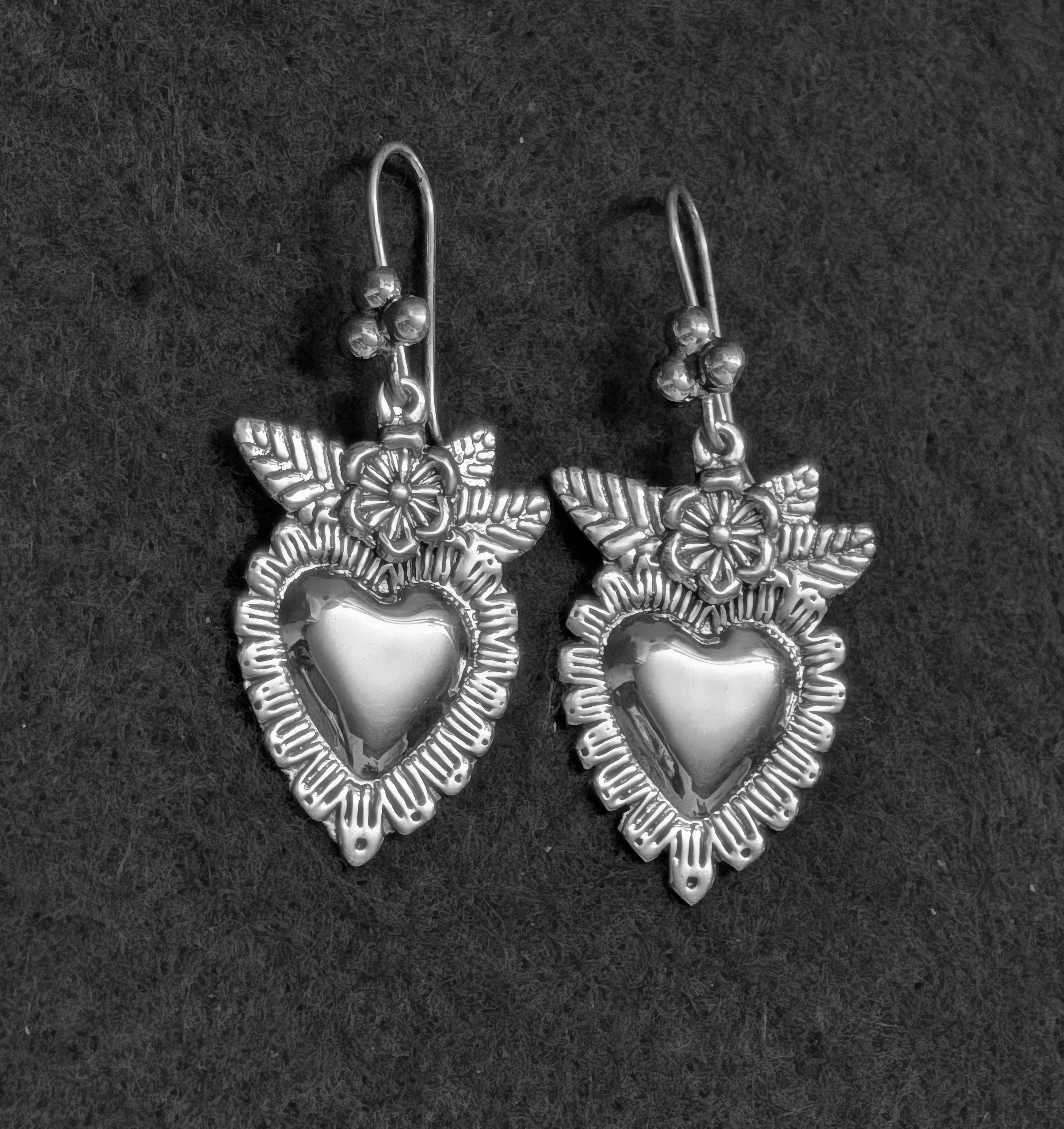 Sterling Silver Heart & Flower Hook Earrings