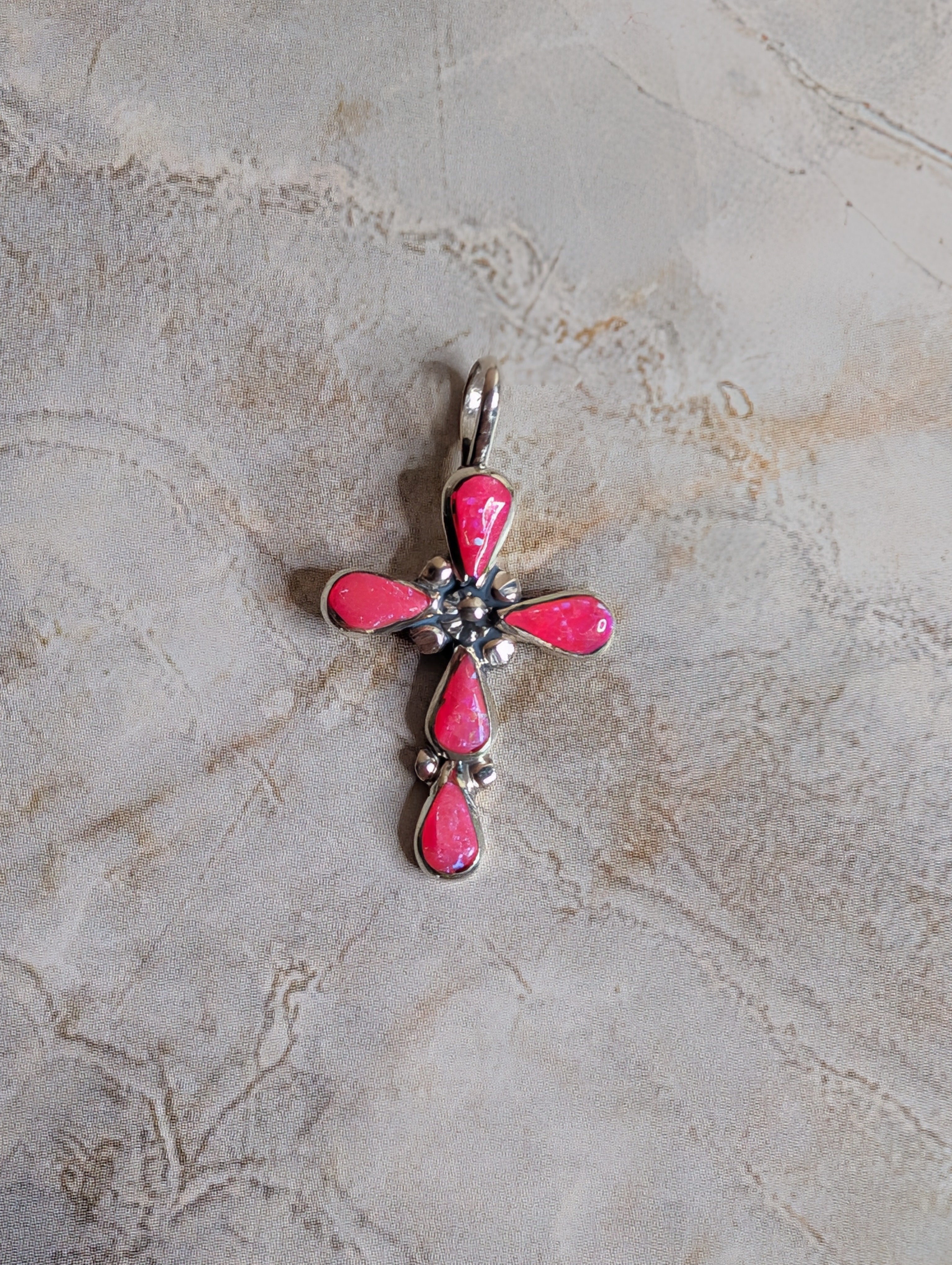 Handcrafted Hot Pink Fire Opal Sterling Silver Cross Pendant