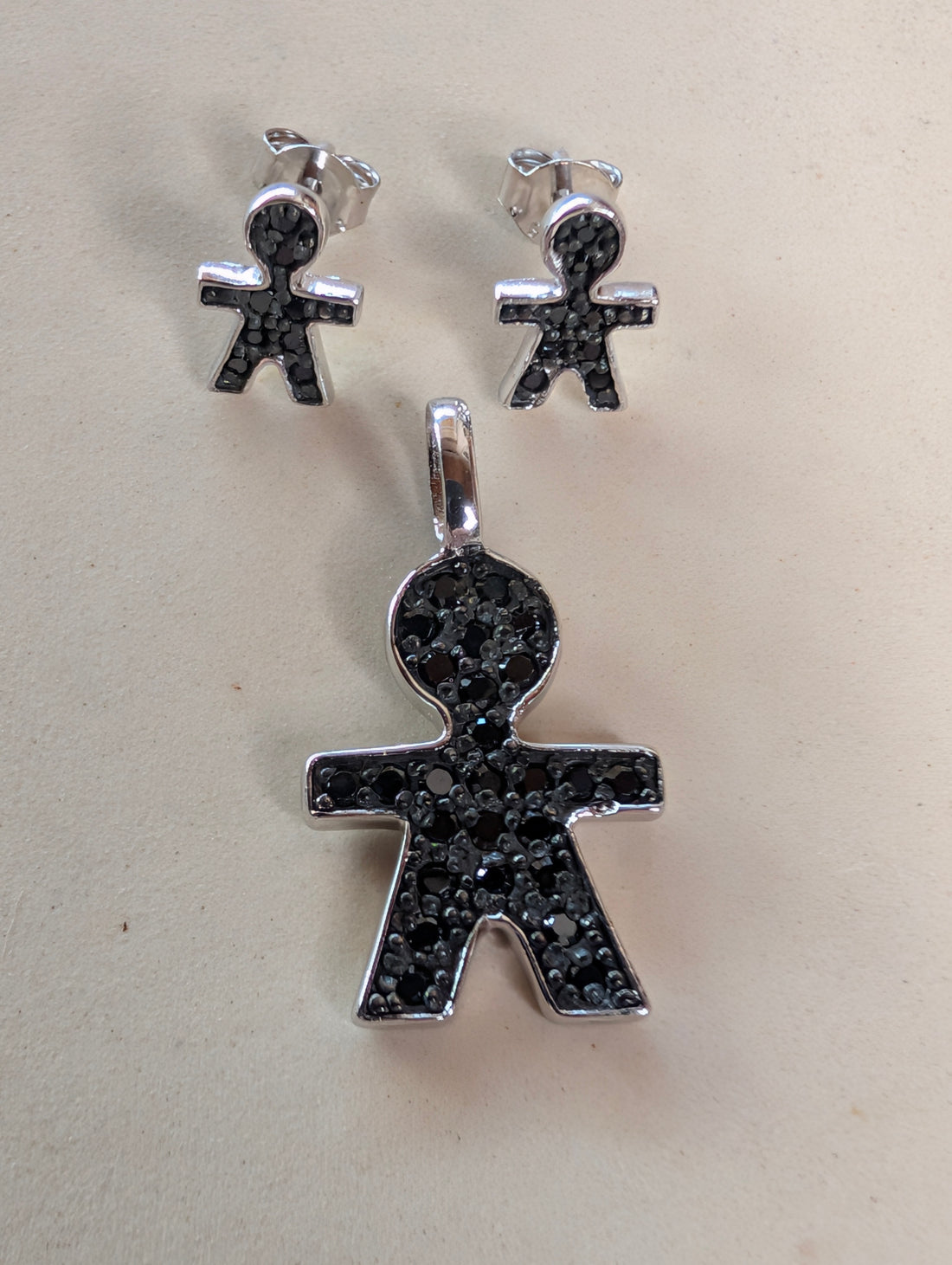 Sterling Silver Black CZ "Shape Of You" Stick Figure Pendant & Earrings Jewelry Set