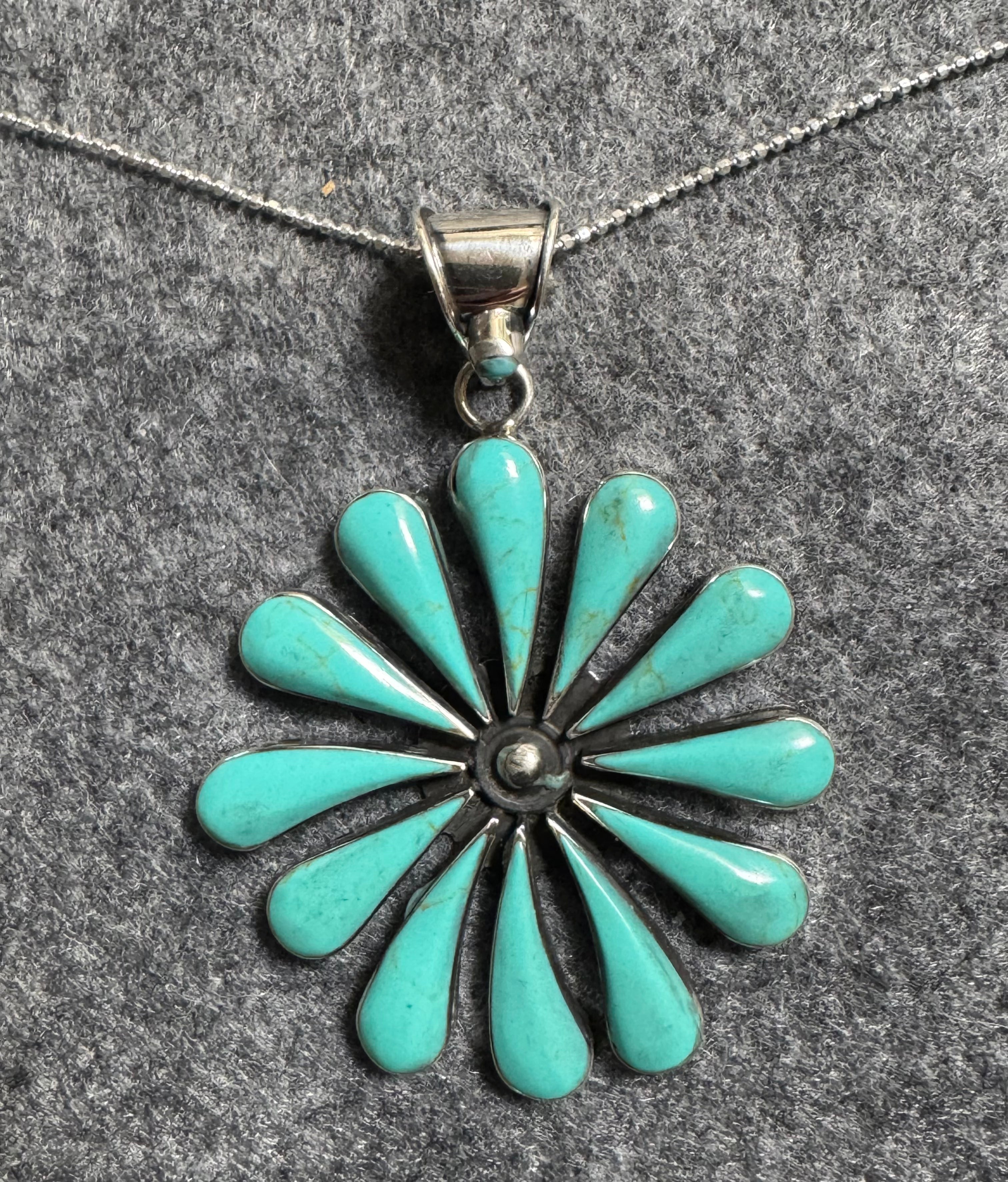 Turquoise Daisy Flower Pendant & Sterling Silver Necklace