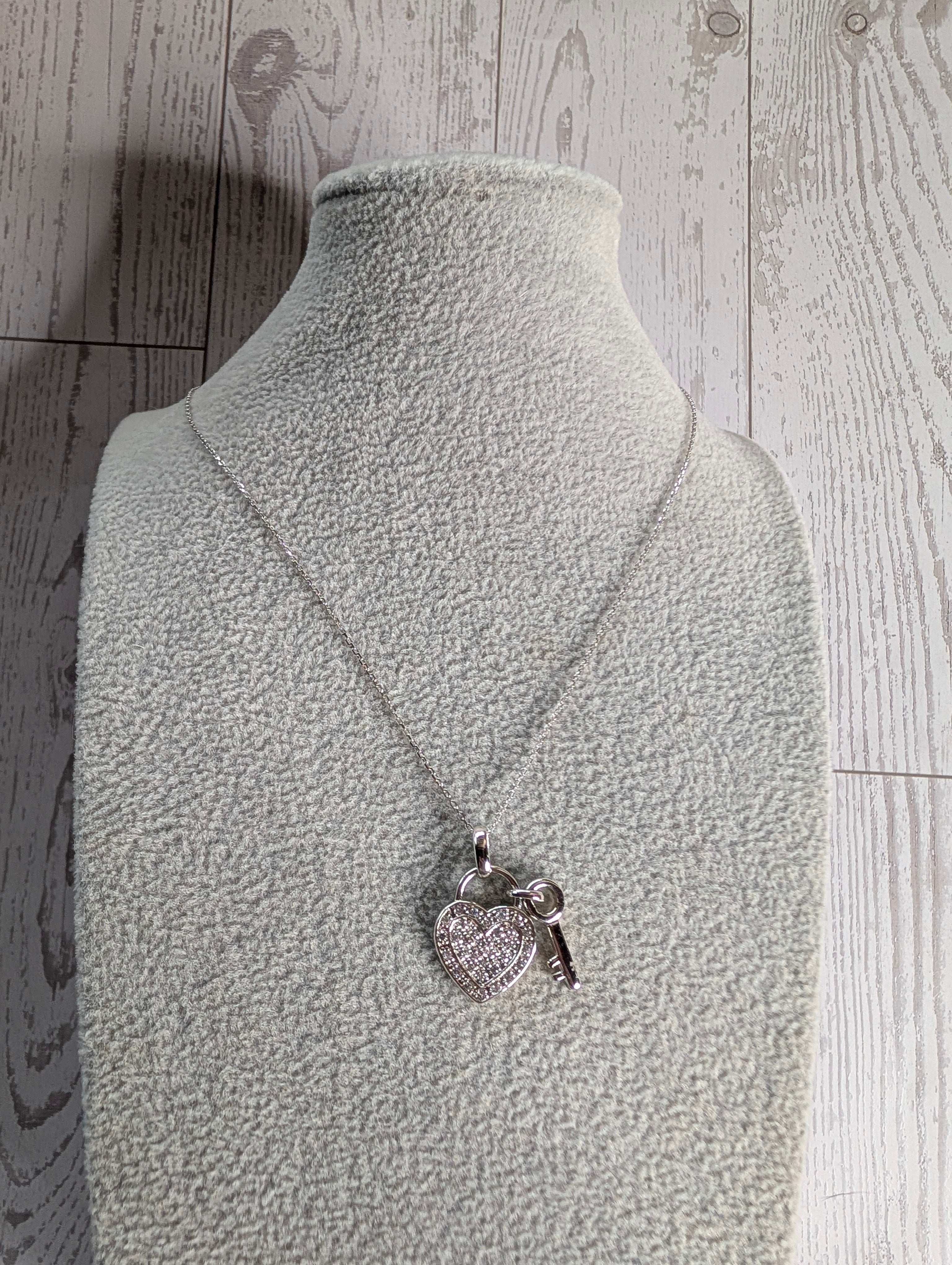Sterling Silver CZ Heart & Key Romantic Love Necklace