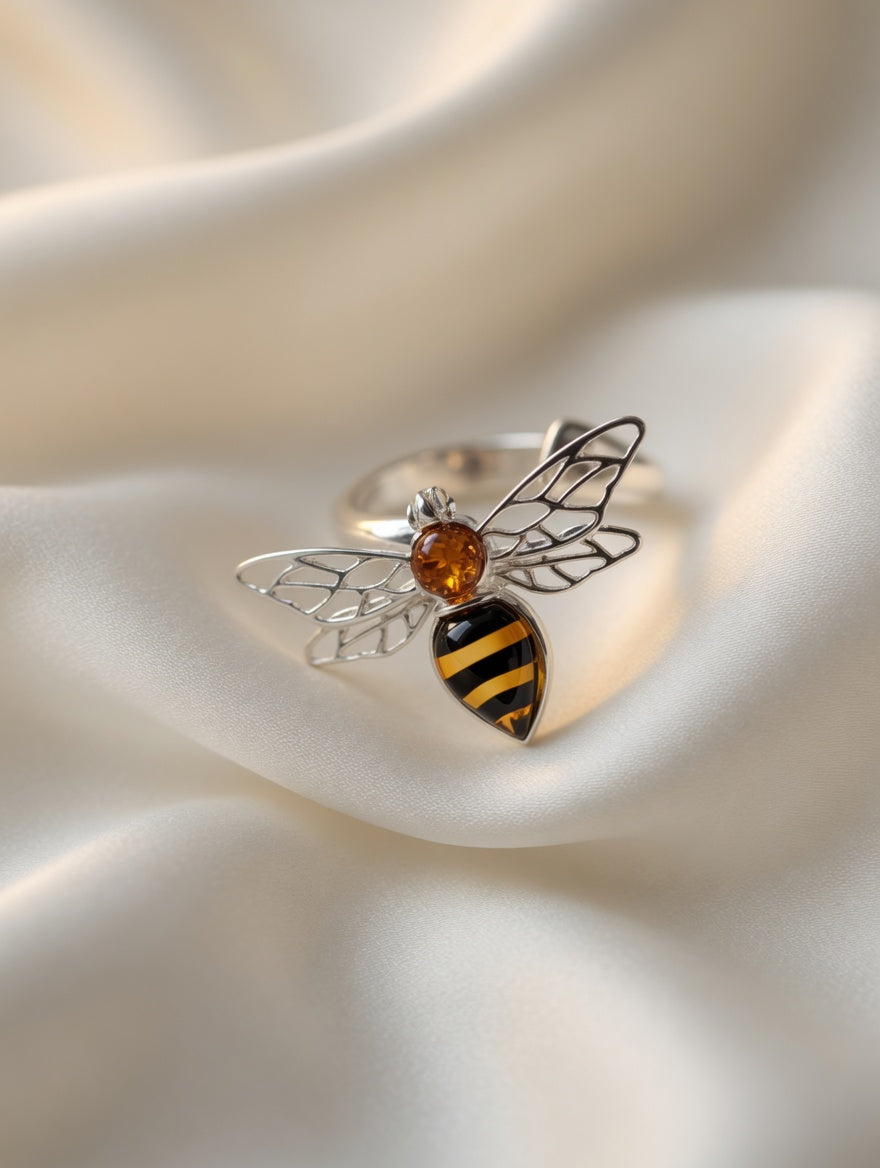 Sterling Silver Handmade Amber Bee Adjustable Ring