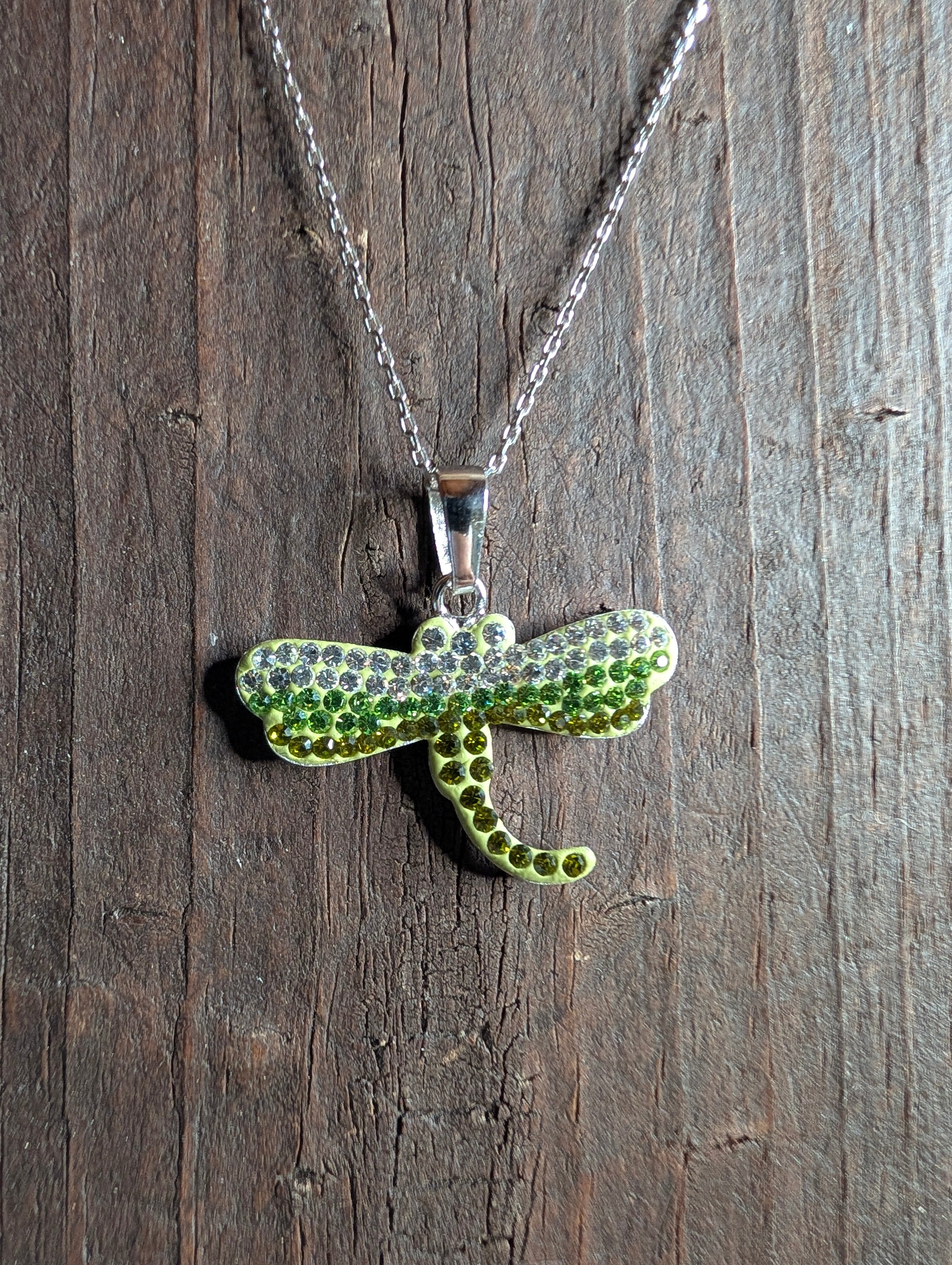 Sterling Silver CZ Studded Green DragonFly Pendant Necklace