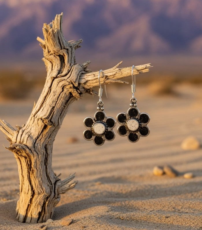 Vintage Southwestern Black Onyx & White Buffalo Flower Shape Dangle Earrings