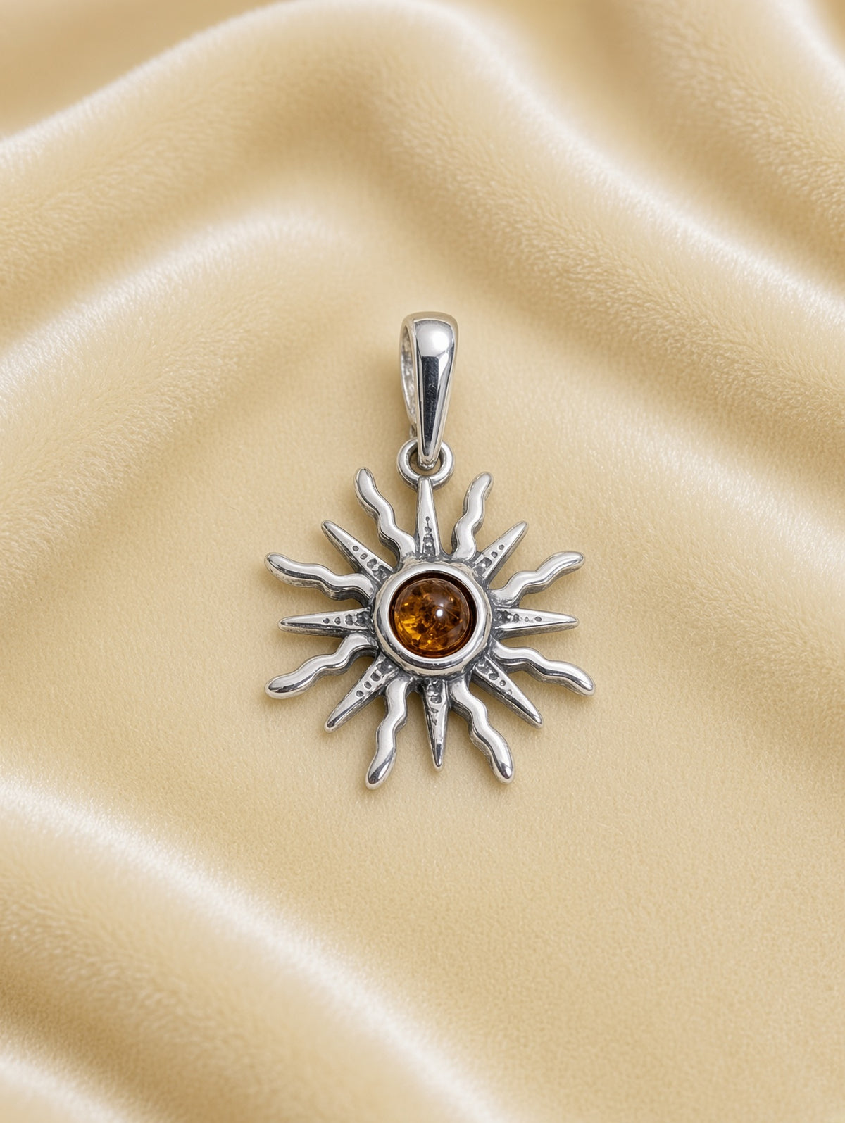 Handmade Sunburst Honey Cognac Cabochon & Sterling Silver Pendant