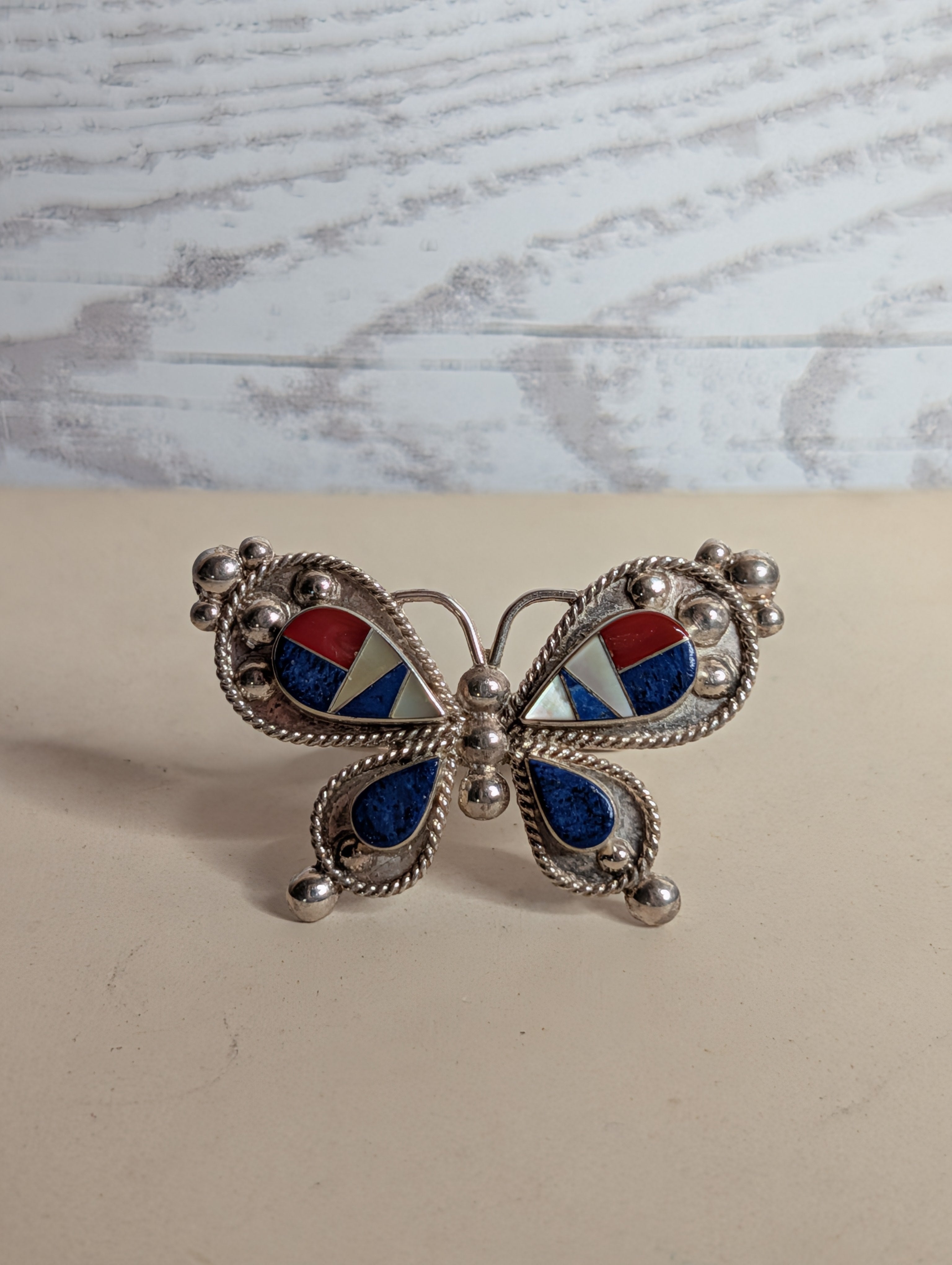 Handcrafted Lapis & Red Coral MultiStone Butterfly Shaped Sterling Silver Ring Size 7