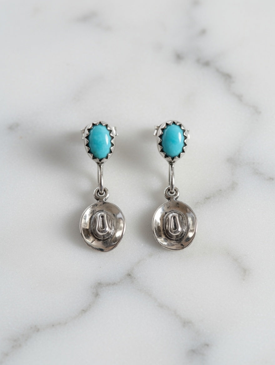 Cowboy Hat Turquoise Sterling Silver Dangle Earrings