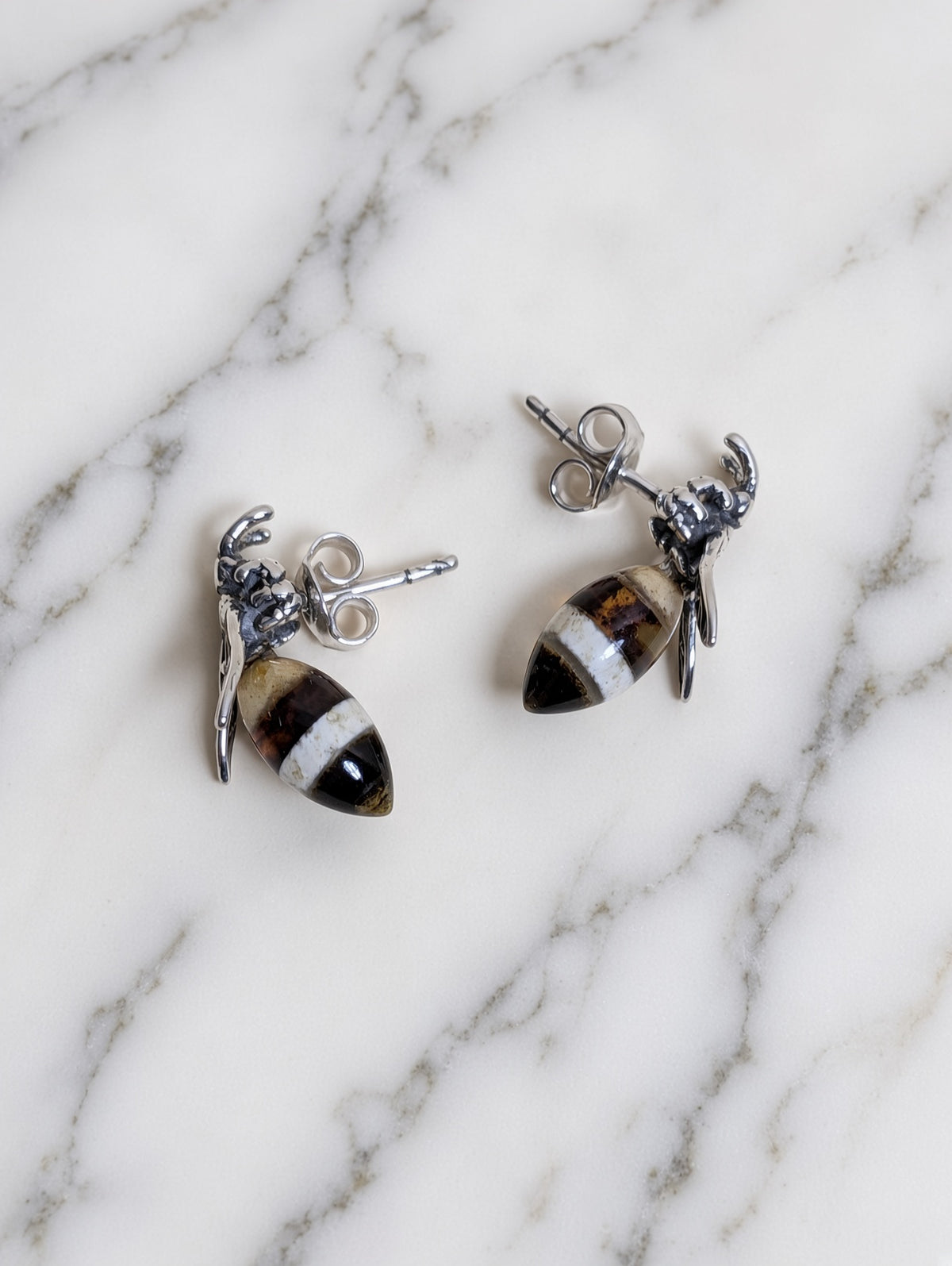 Handmade Bee Honey Cognac Cabochons & Sterling Silver Stud Earrings Variant A02