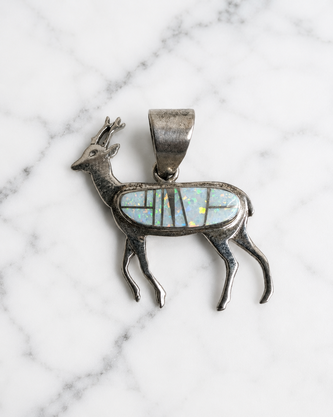Handcrafted Fire White Opal Sterling Silver Deer Pendant