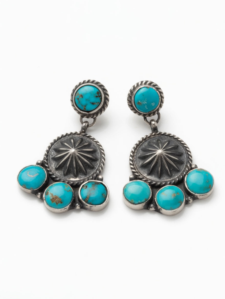 Southwestern Sunburst Turquoise Sterling Silver Dangle Earrings