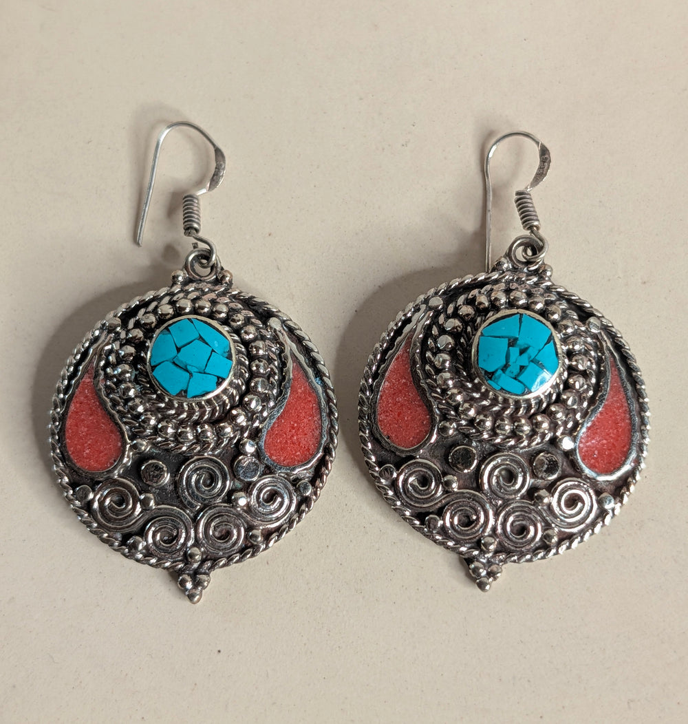 Turquoise Mosaic & Coral Drop Earrings – Southwest Artisan Statement